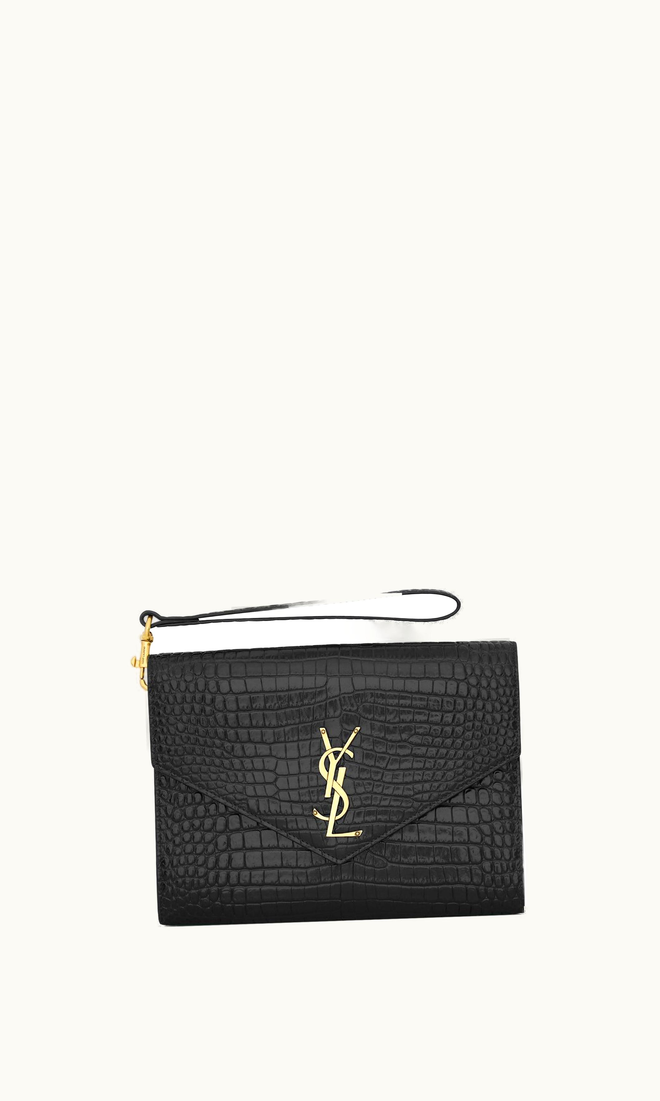 Saint Laurent Saint Laurent Cassandre Flap Pouch In Crocodile-Embossed Shiny Leather Black
