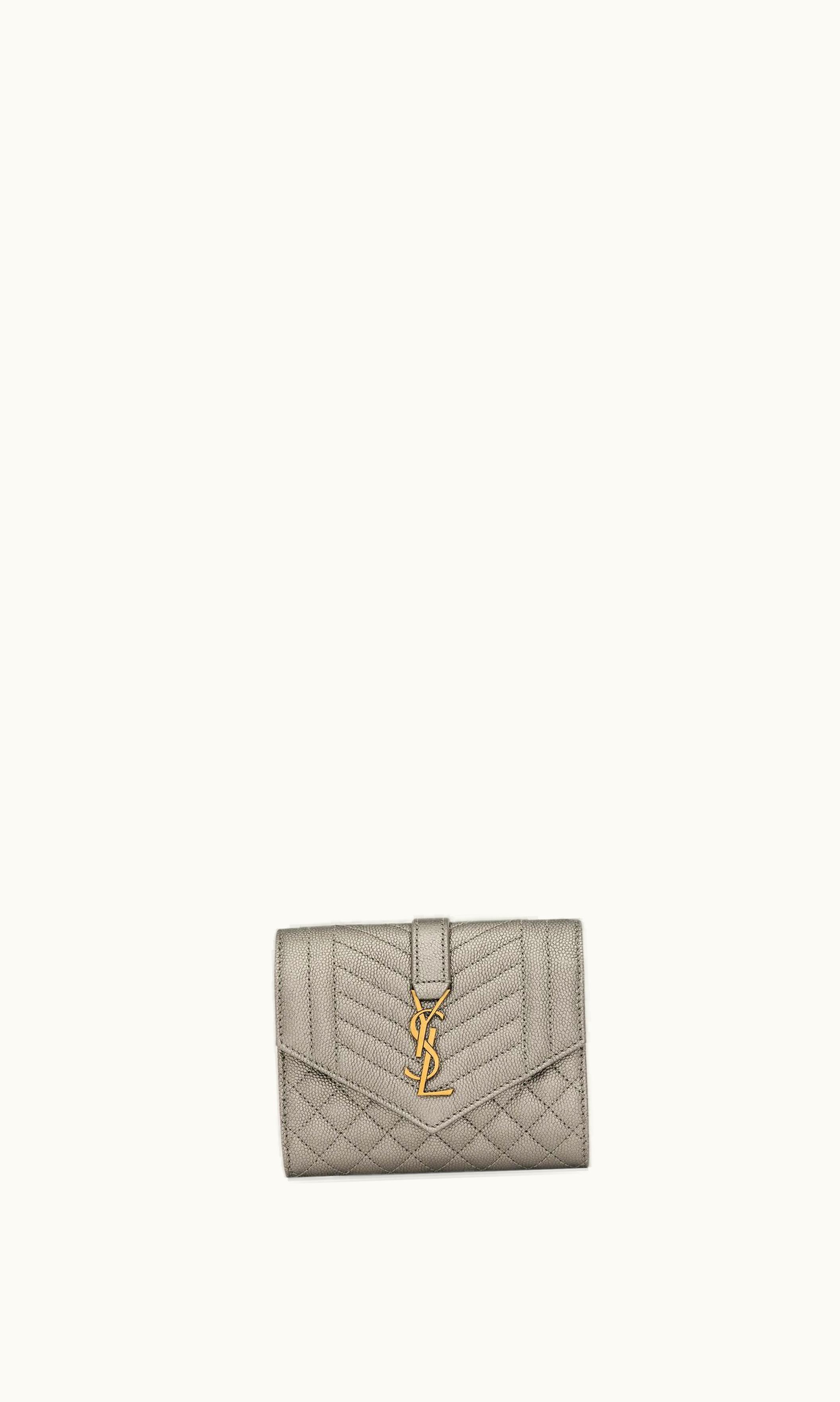 Saint Laurent Saint Laurent Envelope Compact Trifold Wallet In Mix Matelassé Metallic Grain De Poudre Embossed Leather Brun Metallise