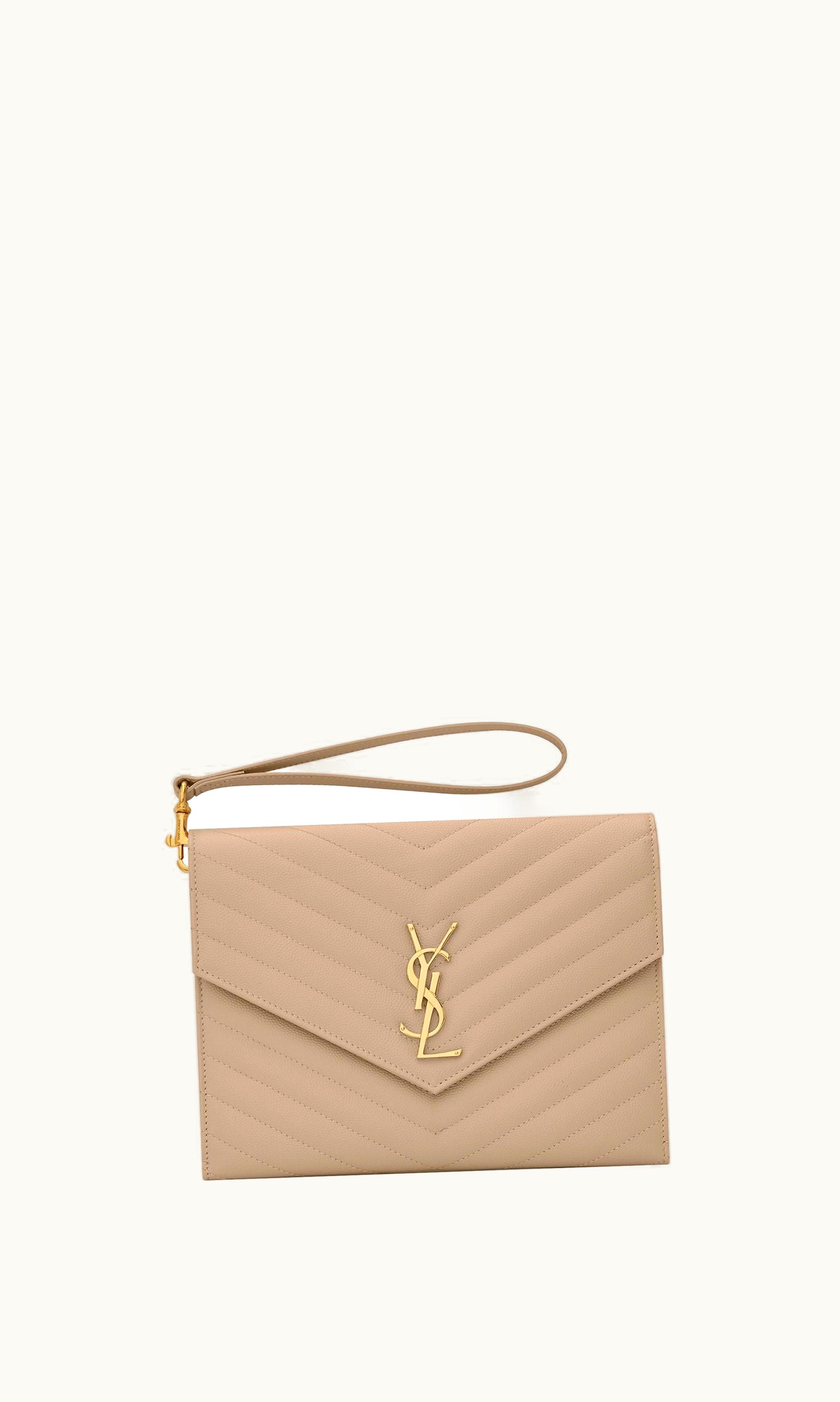 Saint Laurent Saint Laurent Cassandre Matelassé Flap Pouch In Quilted Grain De Poudre Embossed Leather Dark Beige