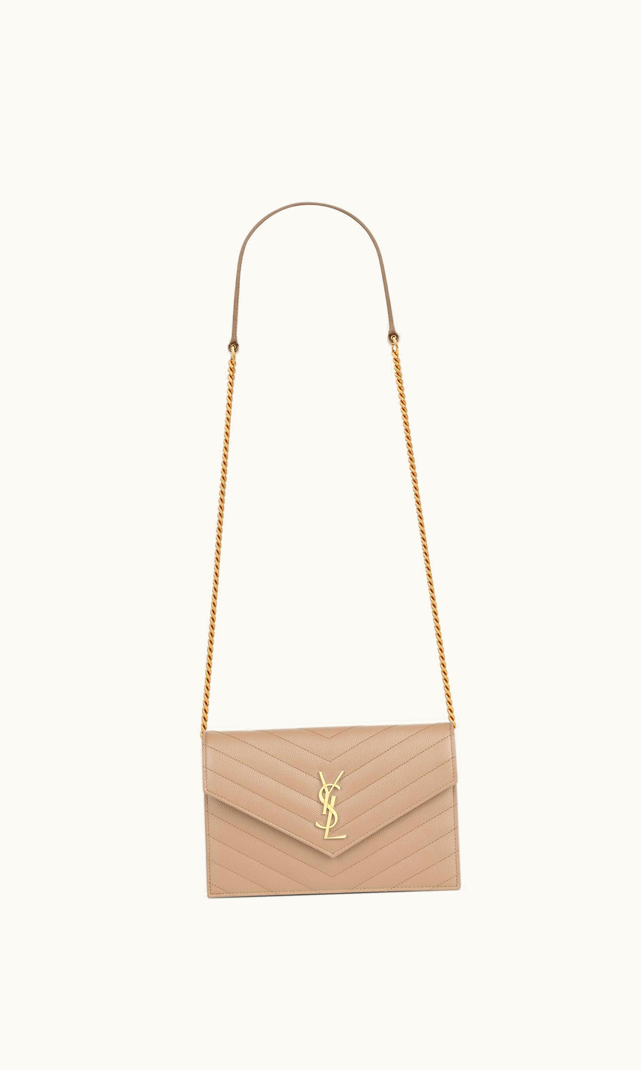 Saint Laurent Saint Laurent Cassandre Envelope Chain Wallet In Grain De Poudre Leather Dark Beige