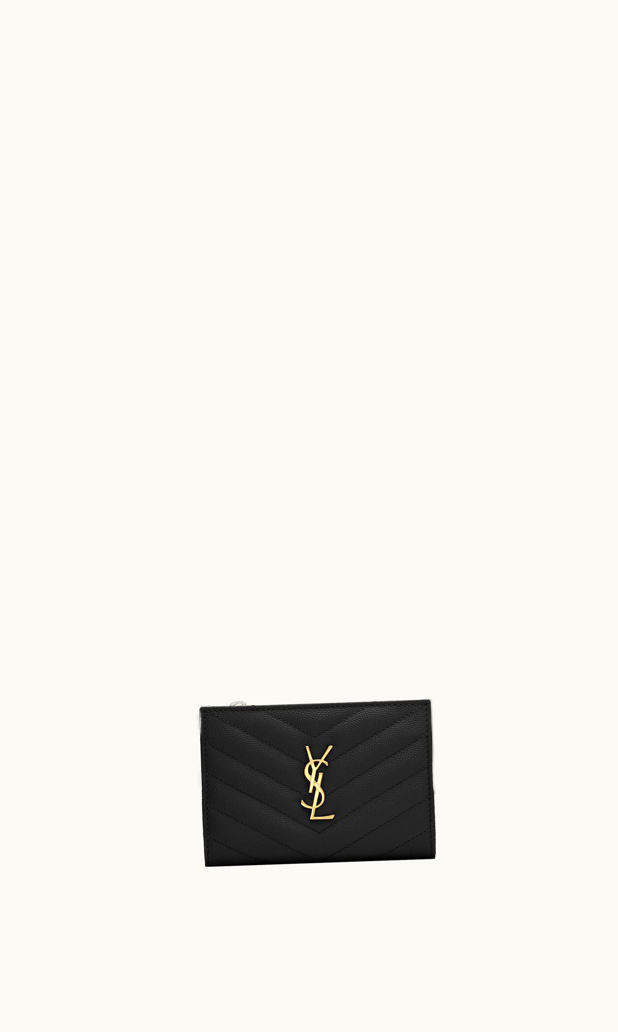 Saint Laurent Saint Laurent Cassandre Matelassé Fragments Zipped Bi-Fold Wallet In Grain De Poudre Embossed Leather Black