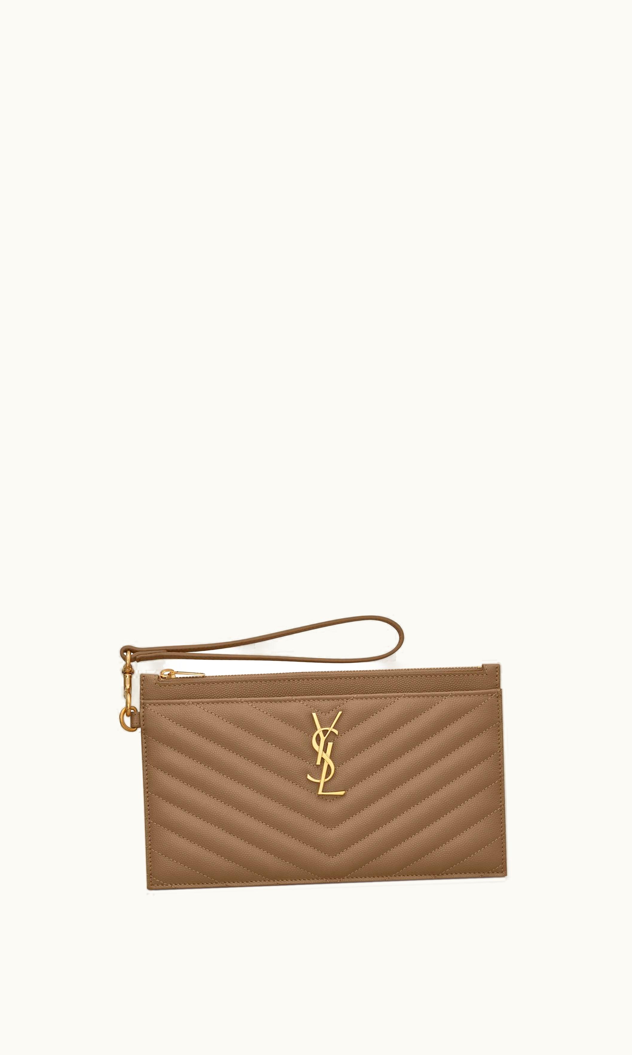 Saint Laurent Saint Laurent Cassandre Matelassé Large Zipped Pouch In Grain De Poudre Embossed Leather Taupe