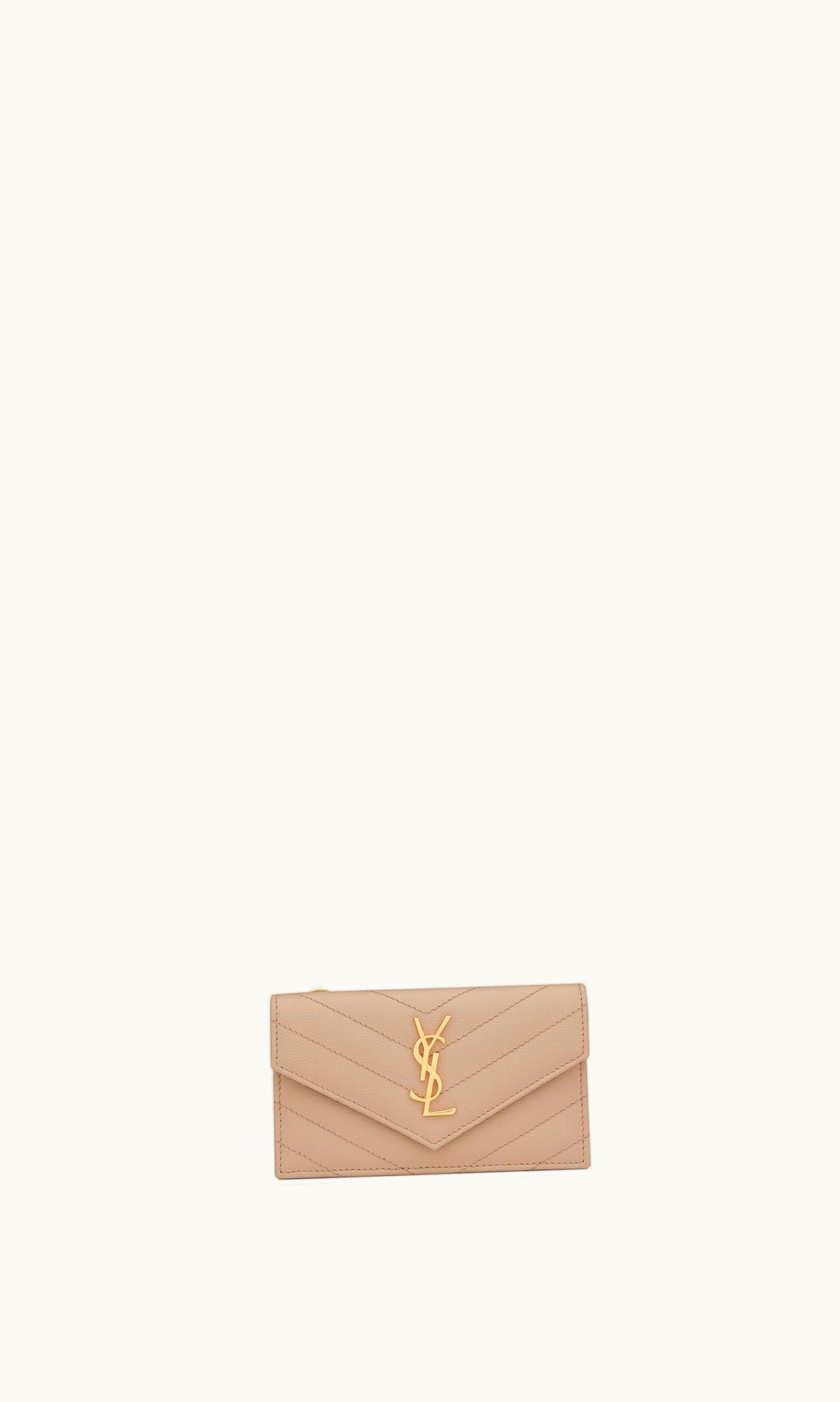 Saint Laurent Saint Laurent Cassandre Matelassé Fragments Flap Card Case In Grain De Poudre Embossed Leather Dark Beige