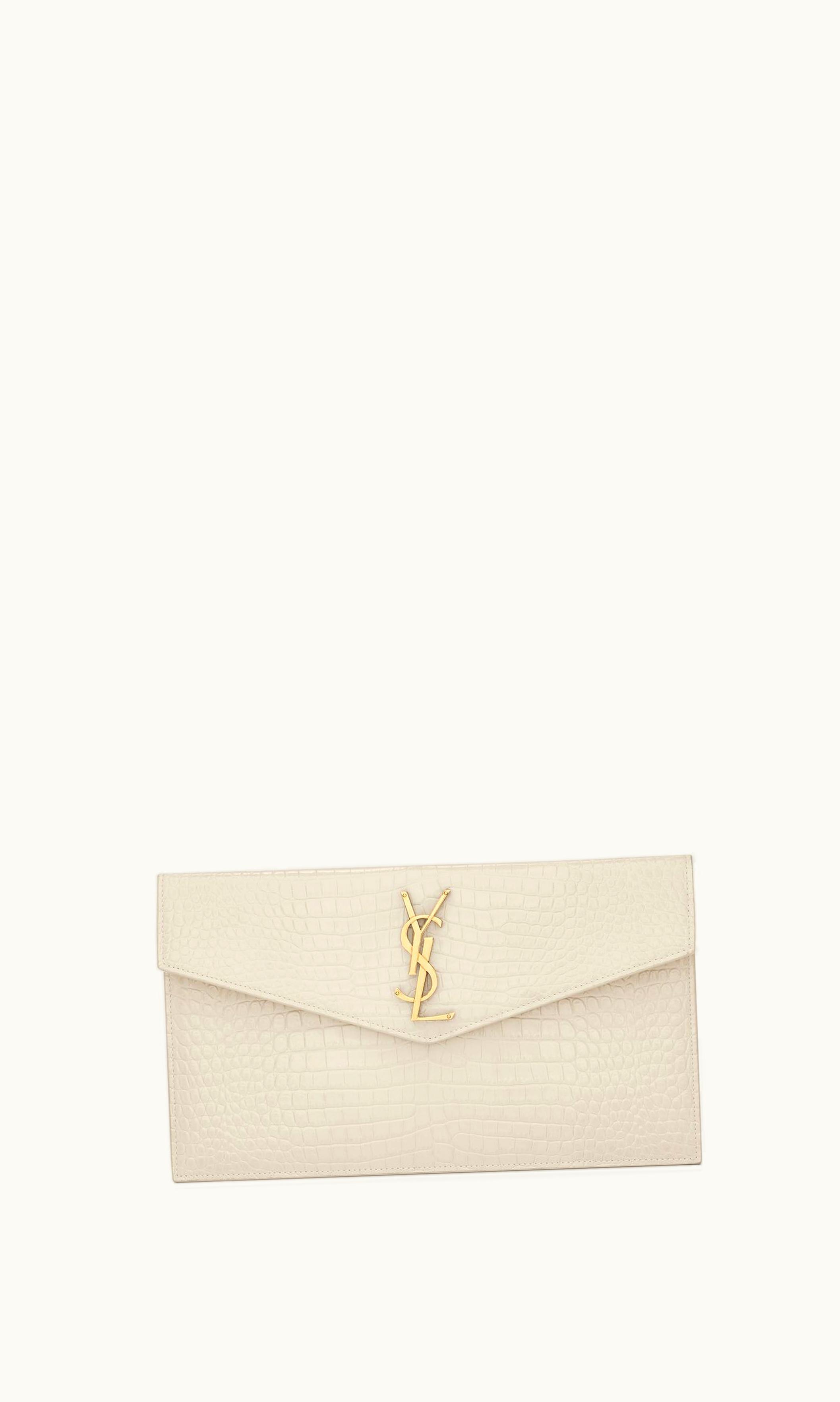 Saint Laurent Saint Laurent Uptown Pouch In Crocodile-Embossed Shiny Leather Blanc Vintage