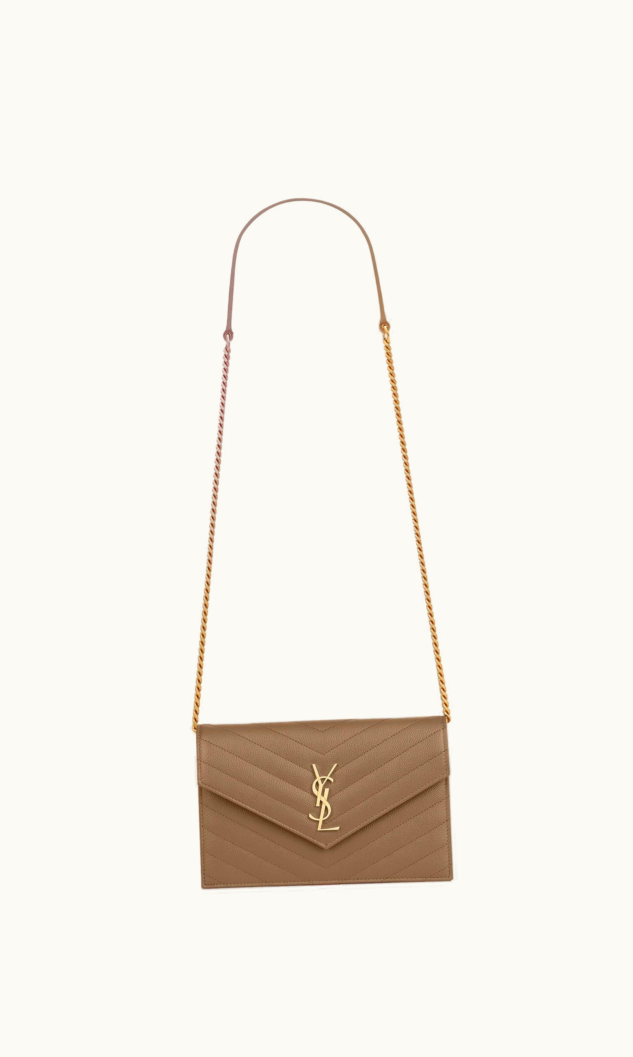 Saint Laurent Saint Laurent Cassandre Envelope Chain Wallet In Grain De Poudre Leather Taupe