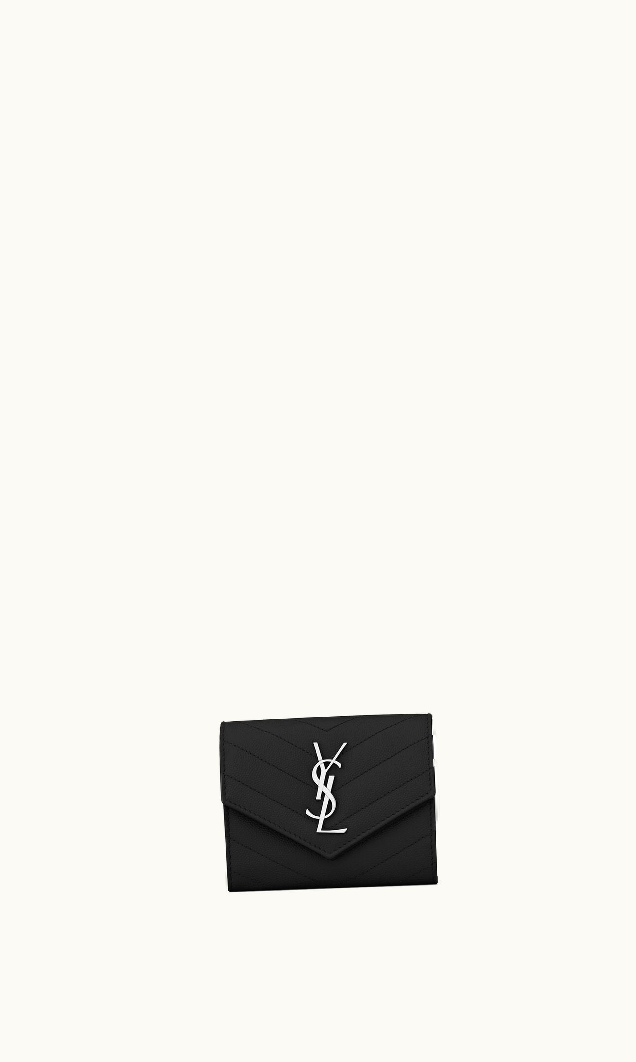 Saint Laurent Saint Laurent Cassandre Matelassé Compact Tri Fold Wallet In Grain De Poudre Embossed Leather Black BLACK