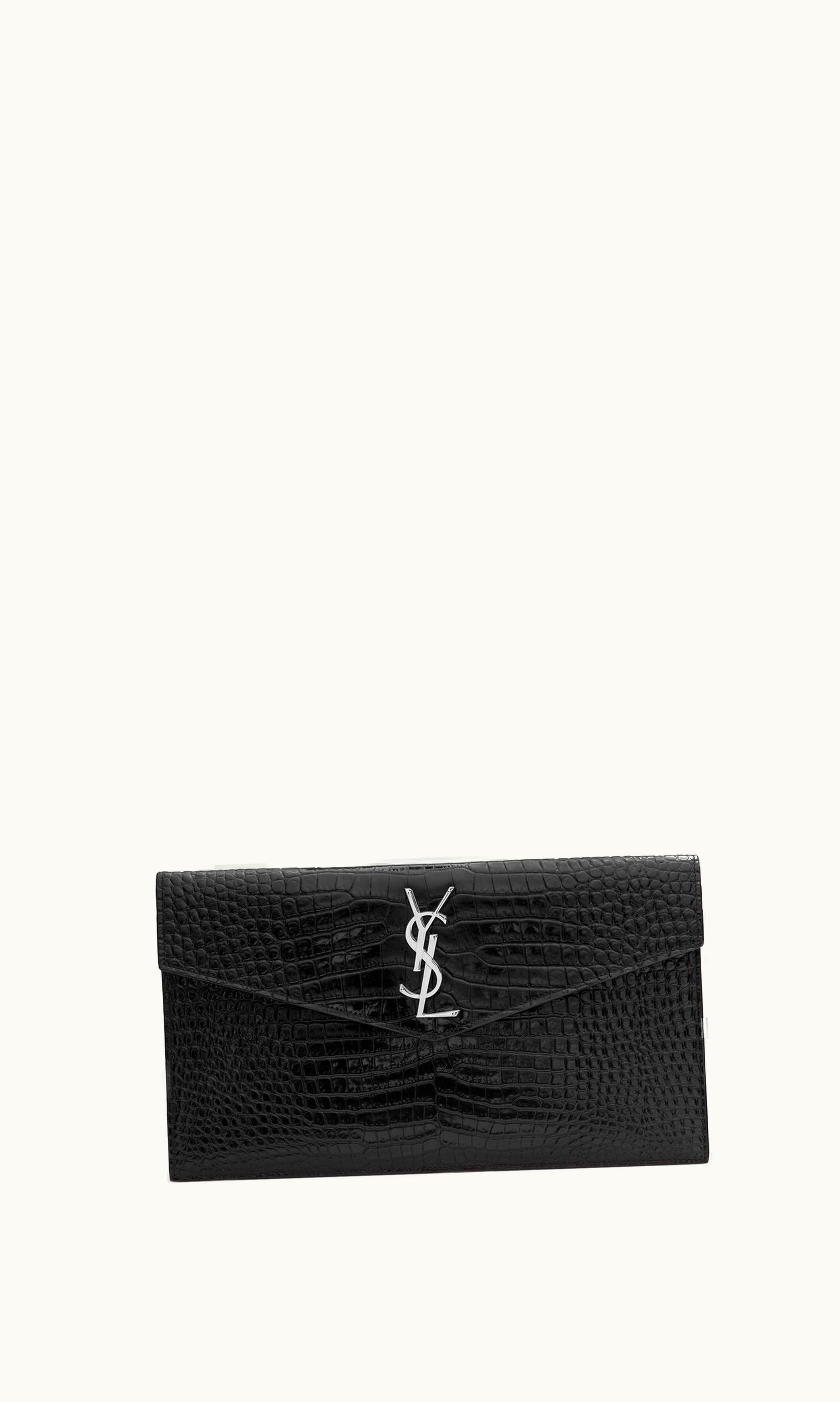 Saint Laurent Saint Laurent Uptown Pouch In Crocodile-Embossed Shiny Leather Black BLACK