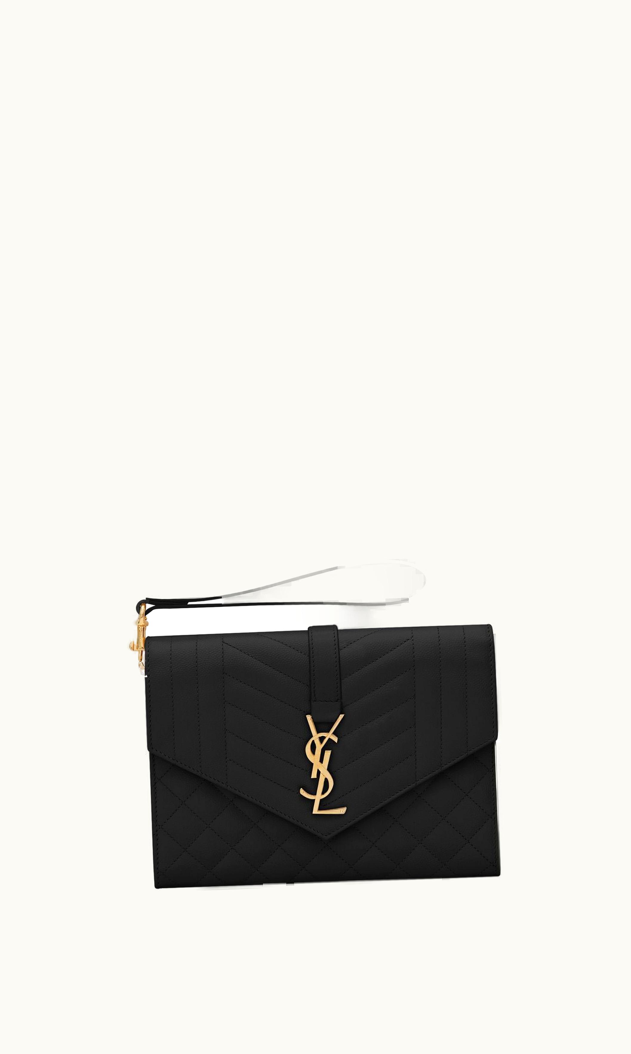Saint Laurent Saint Laurent Envelope Flap Pouch In Mix Matelassé Grain De Poudre Embossed Leather Black