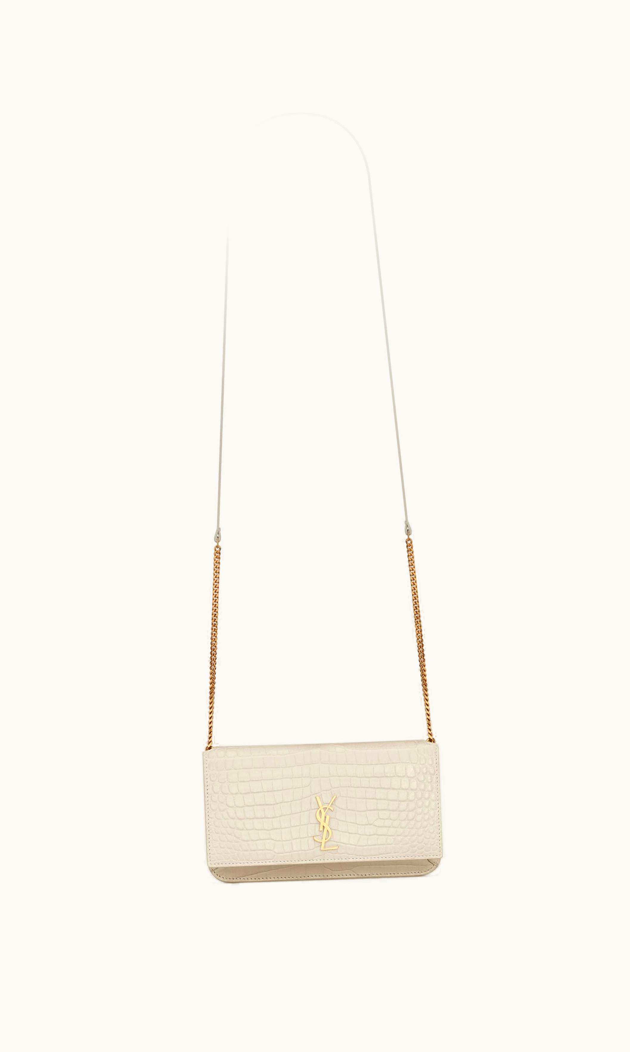 Saint Laurent Saint Laurent Cassandre Phone Holder With Strap In Shiny Crocodile-Embossed Leather Blanc Vintage