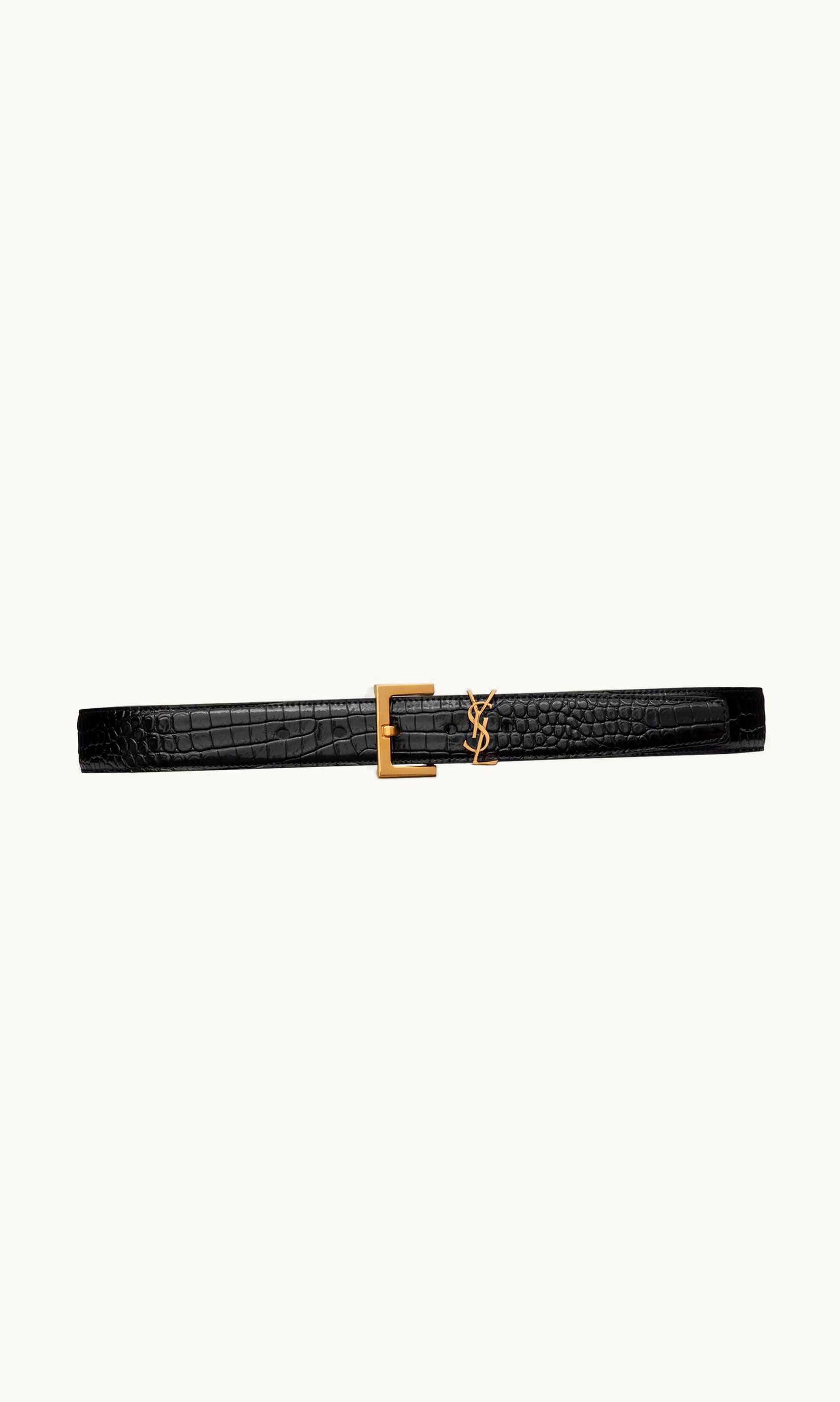 Saint Laurent Saint Laurent Cassandre Belt With Square Buckle In Shiny Crocodile-Embossed Leather Black