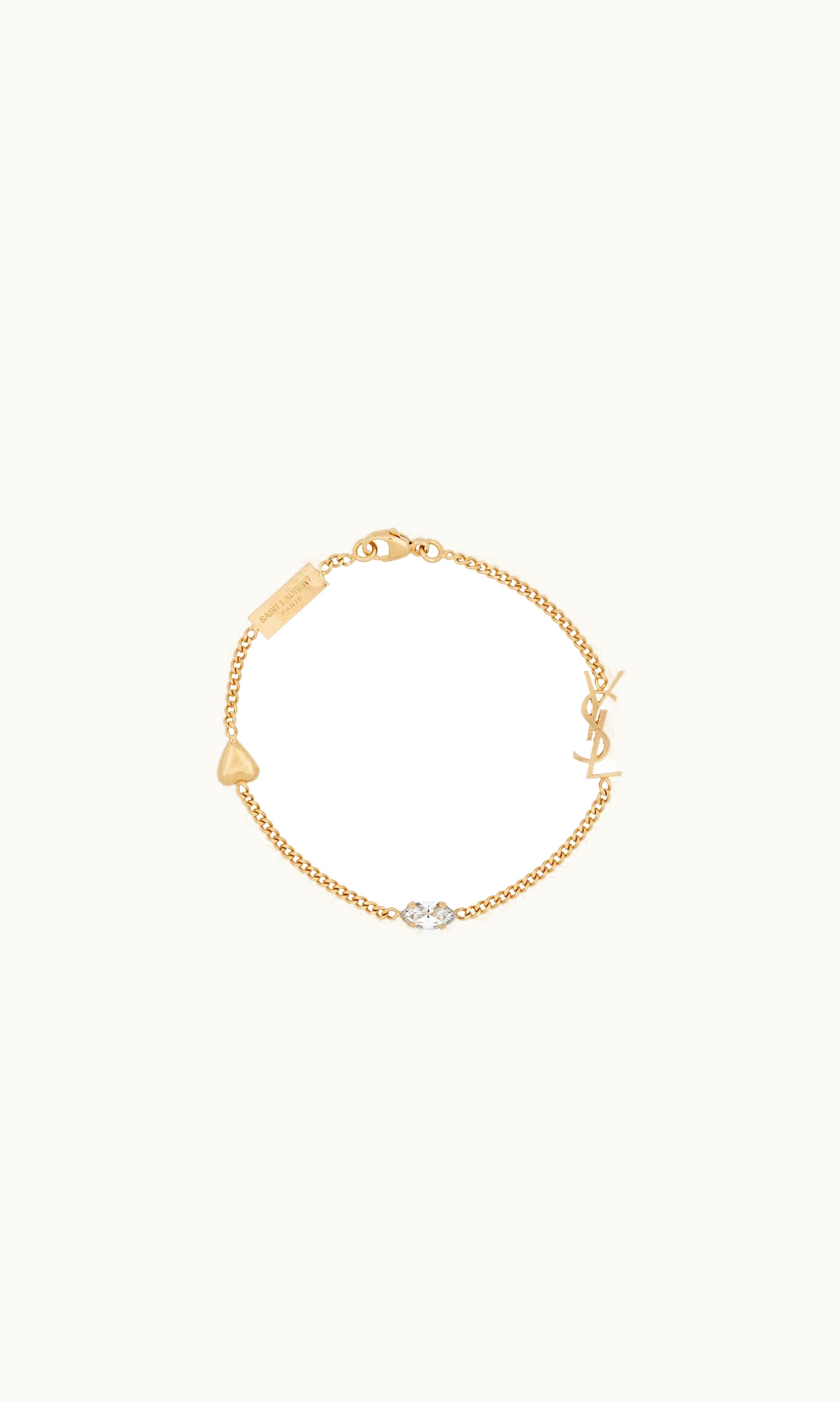 Saint Laurent Saint Laurent Cassandre Heart Charm Bracelet In Metal And Rhinestone Aged Brass Gold