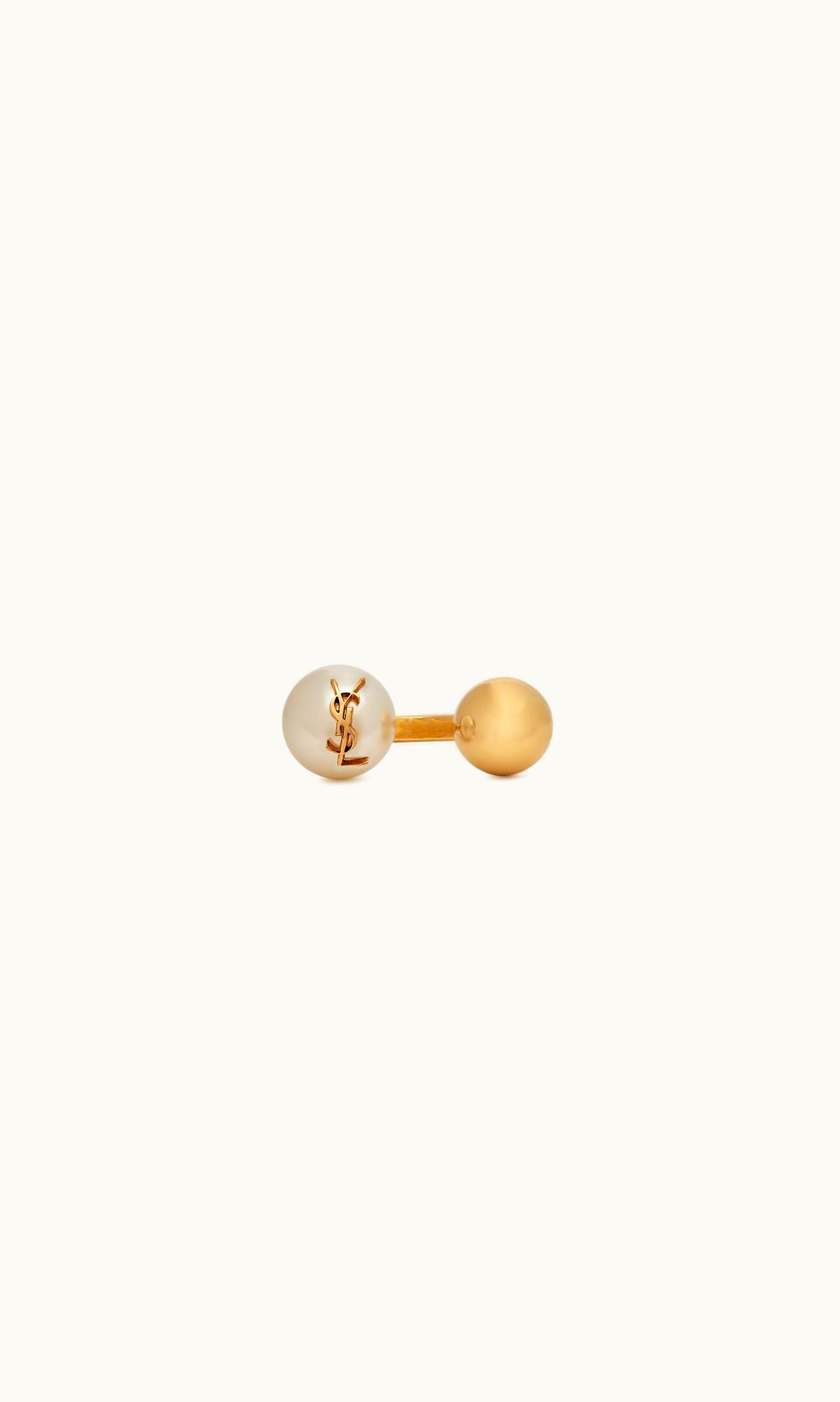 Saint Laurent Saint Laurent Cassandre Pearl And Ball Ring In Metal Aged Brass Gold And Cream