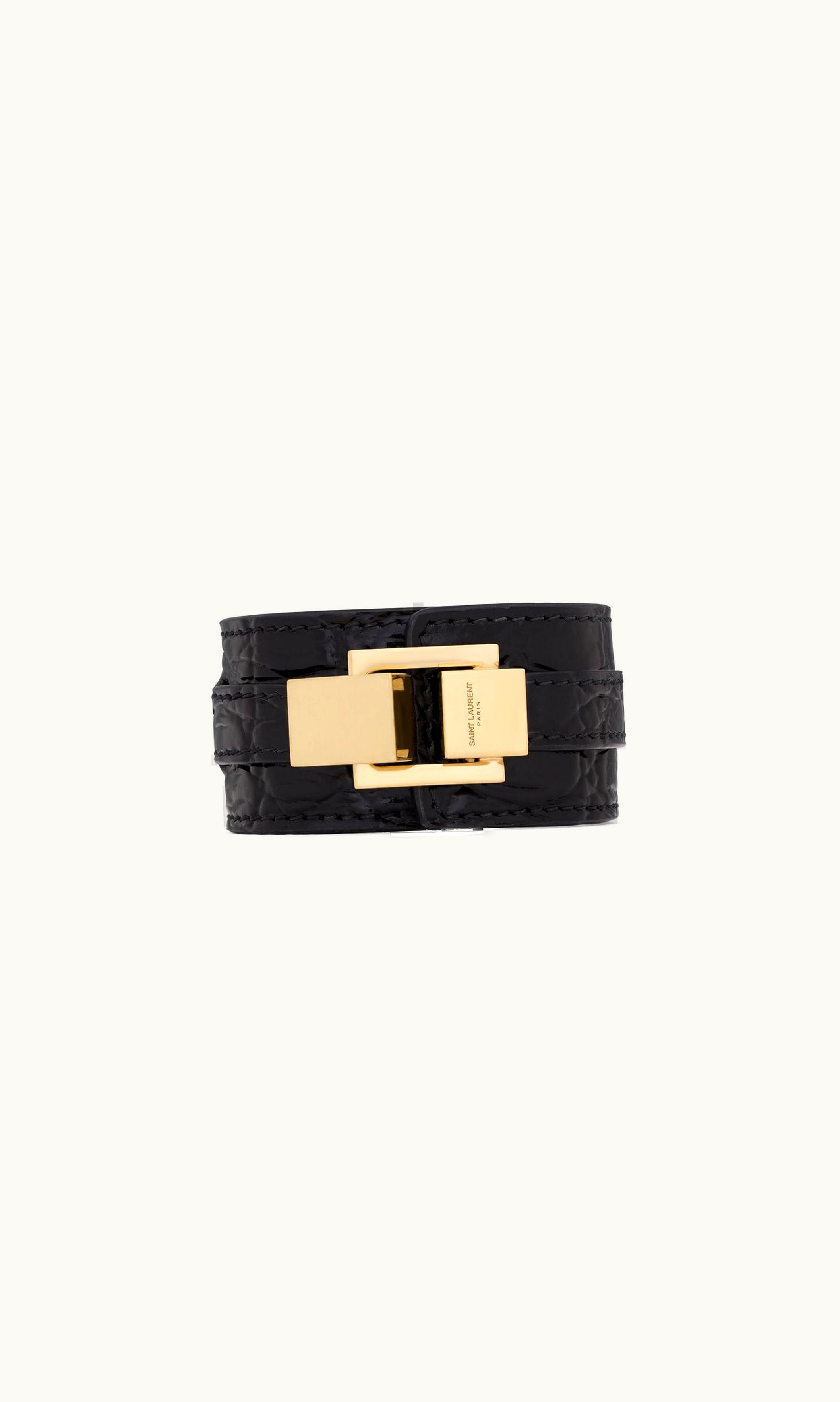 Saint Laurent Saint Laurent Le Carré Large Bracelet In Crocodile-Embossed Leather And Metal Black And Vintage Gold