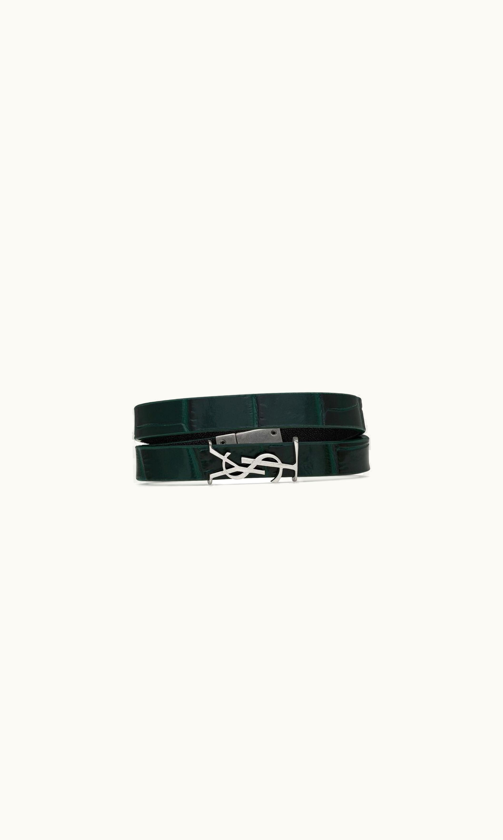 Saint Laurent Saint Laurent Cassandre Double Wrap Bracelet In Leather Ivy Green And Palladium