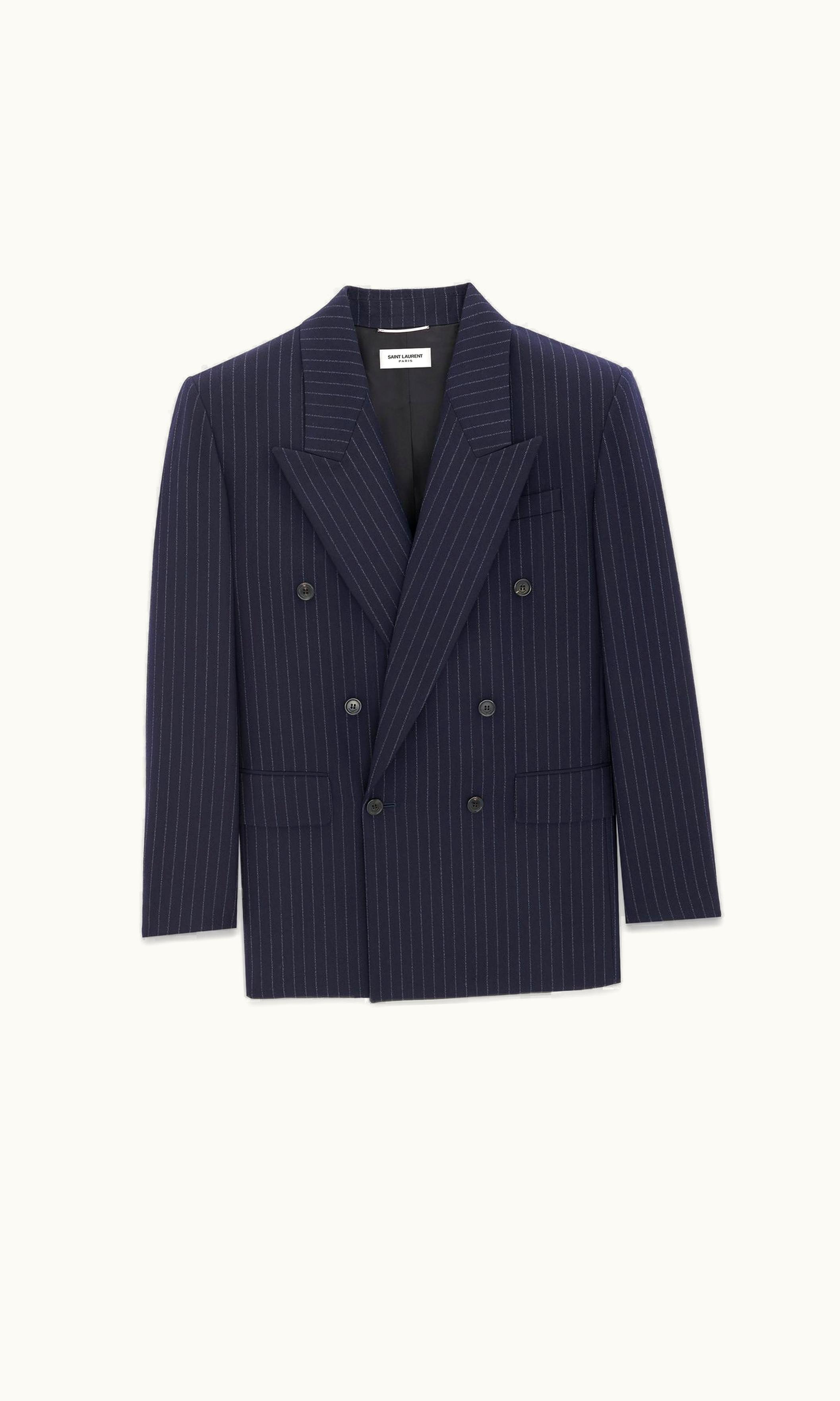 Saint Laurent Saint Laurent Oversized Jacket In Rive Gauche Striped Flannel Marine Blanc