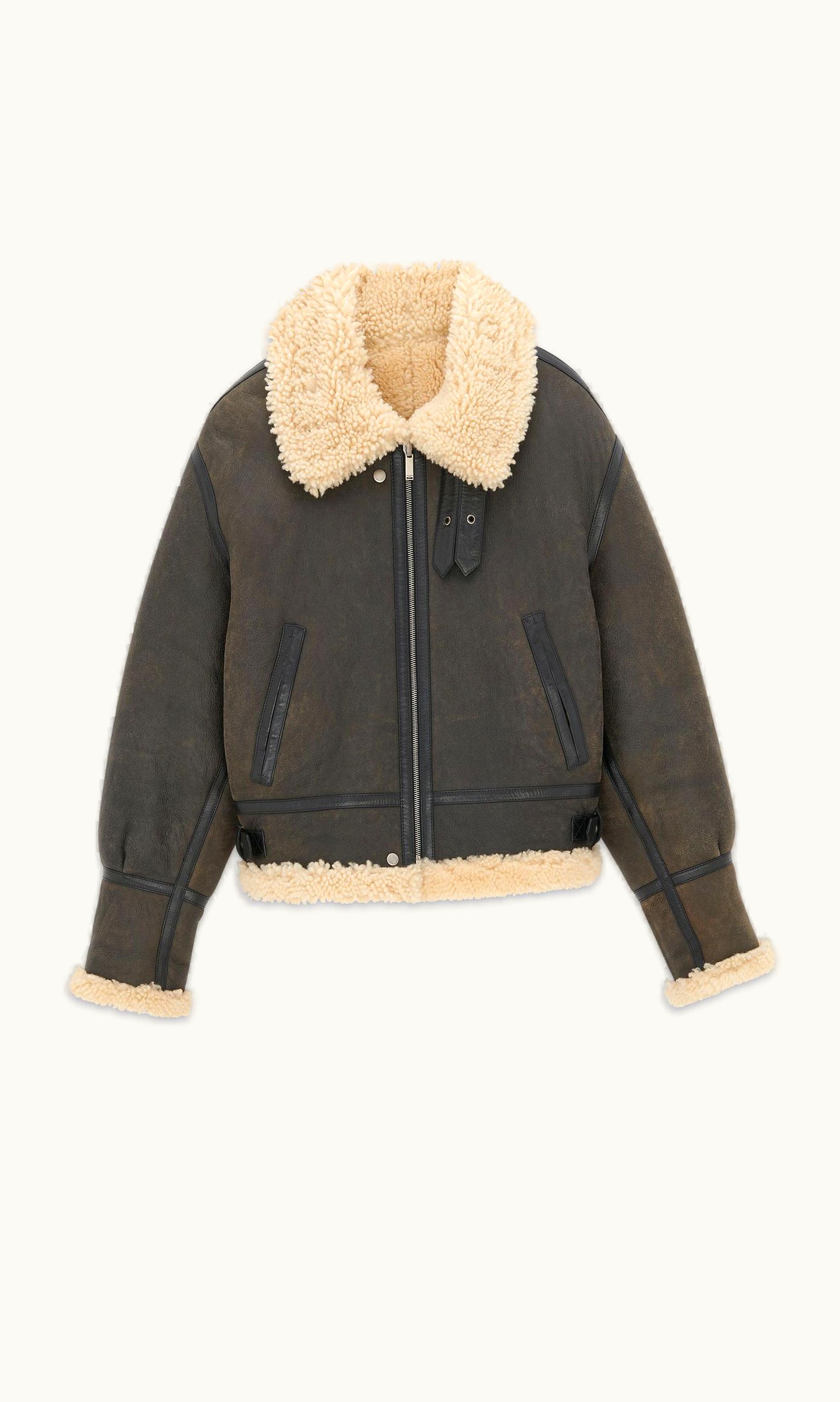 Saint Laurent Saint Laurent Aviator Jacket In Aged Leather And Shearling Noir Et Noix De Cajou