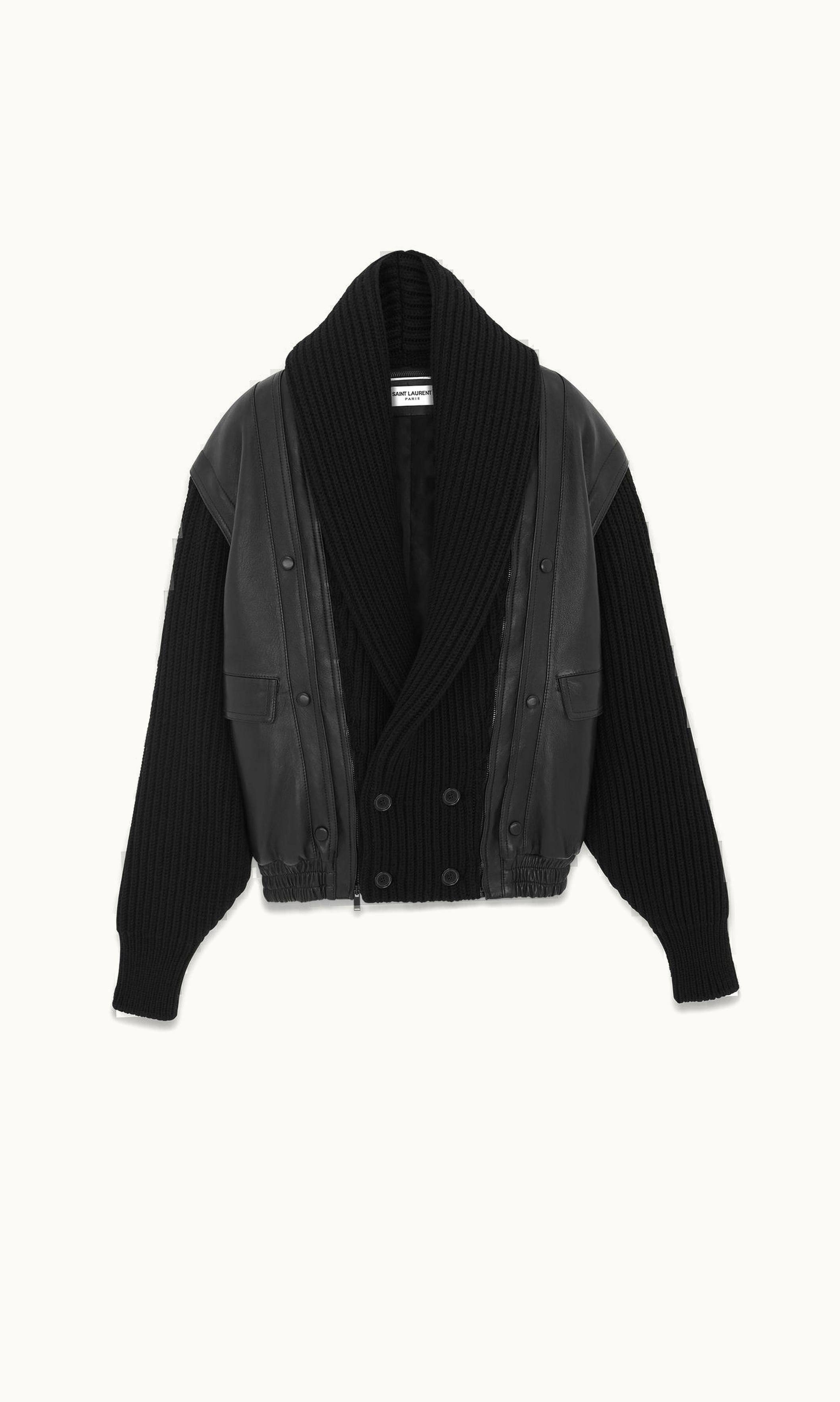 Saint Laurent Saint Laurent Shawl-Neck Jacket In Lambskin And Ribbed Wool Black
