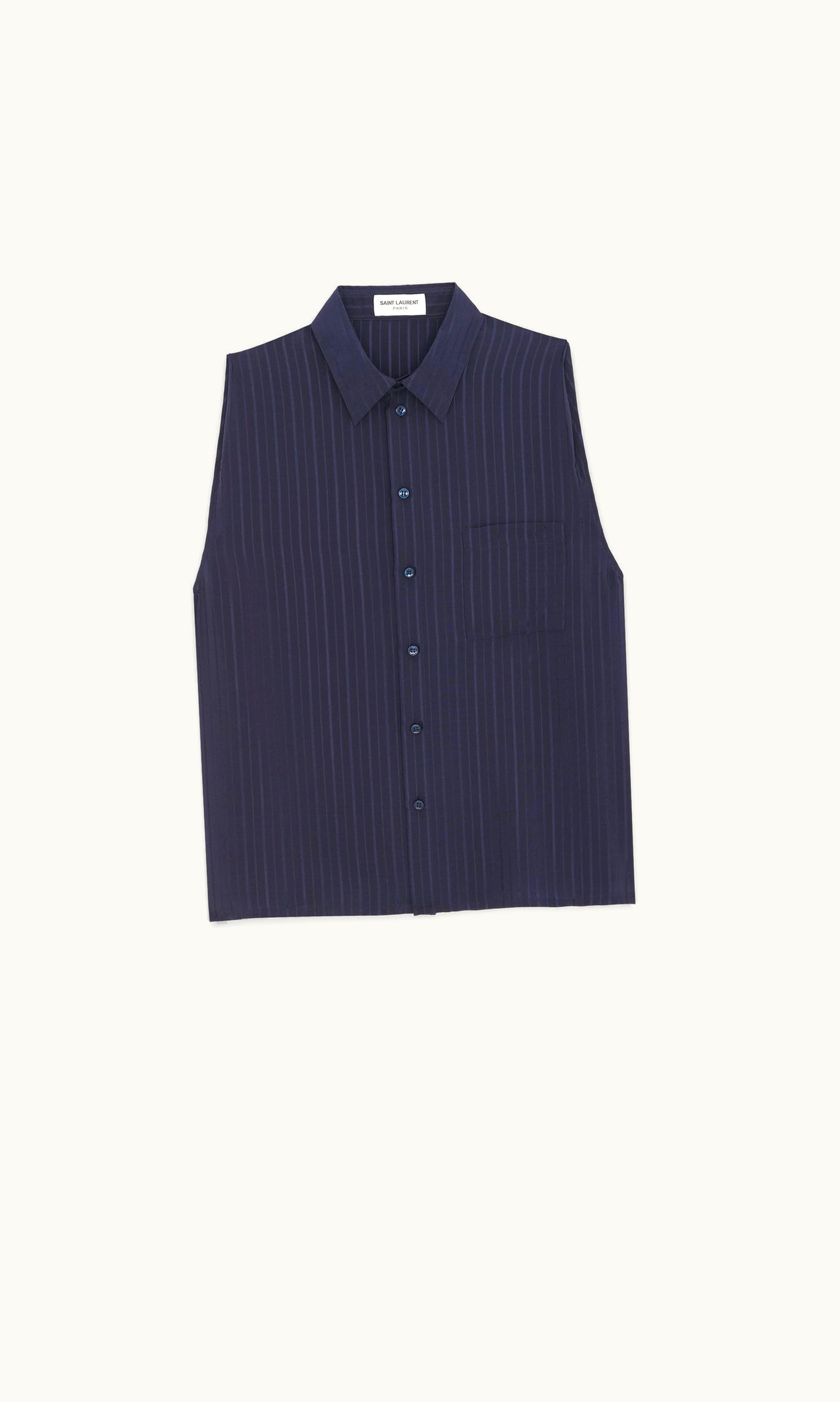 Saint Laurent Saint Laurent Sleeveless Shirt In Striped Silk Crepe De Chine Marine