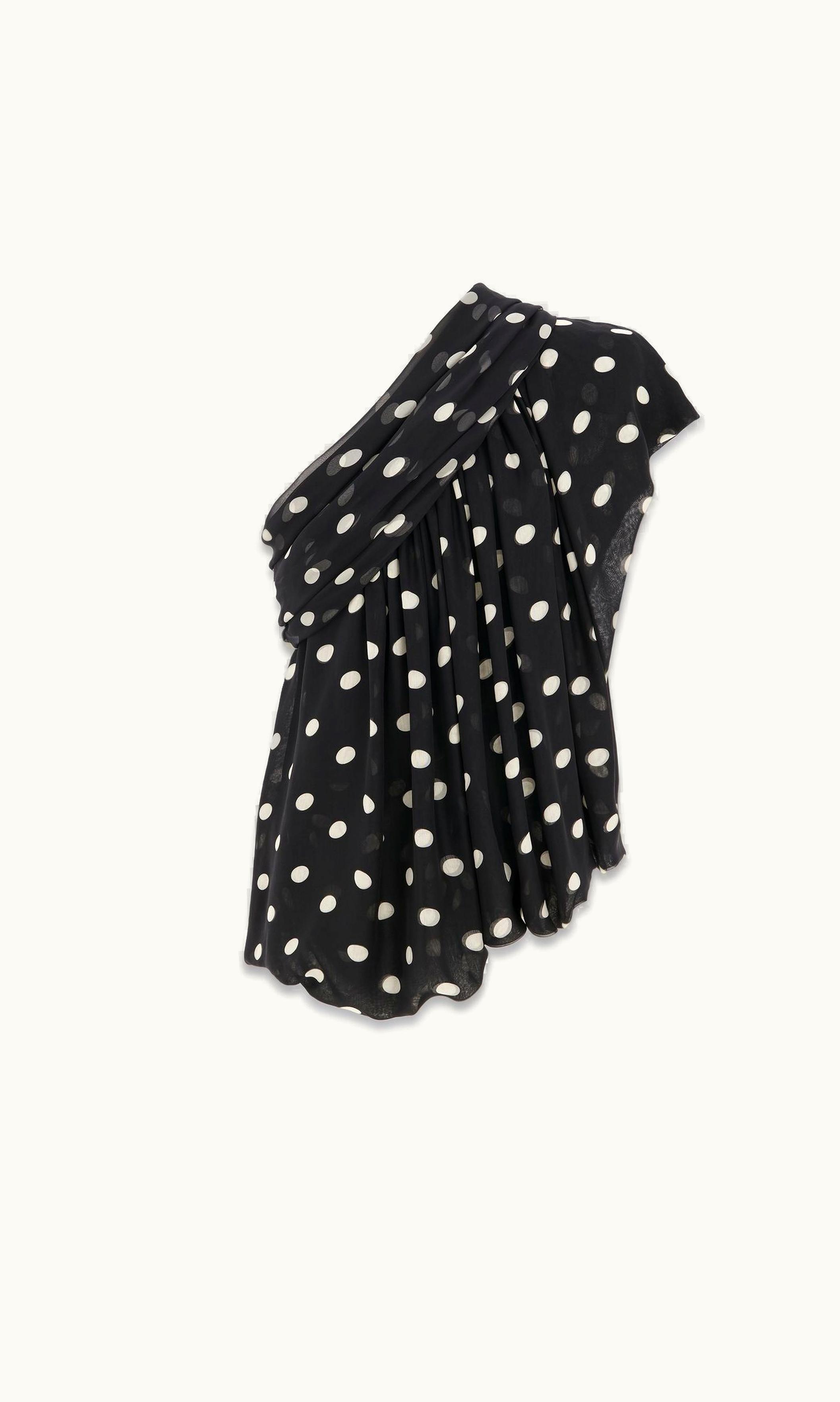 Saint Laurent Saint Laurent Draped One-Shoulder Top In Dotted Silk Muslin Noir Craie