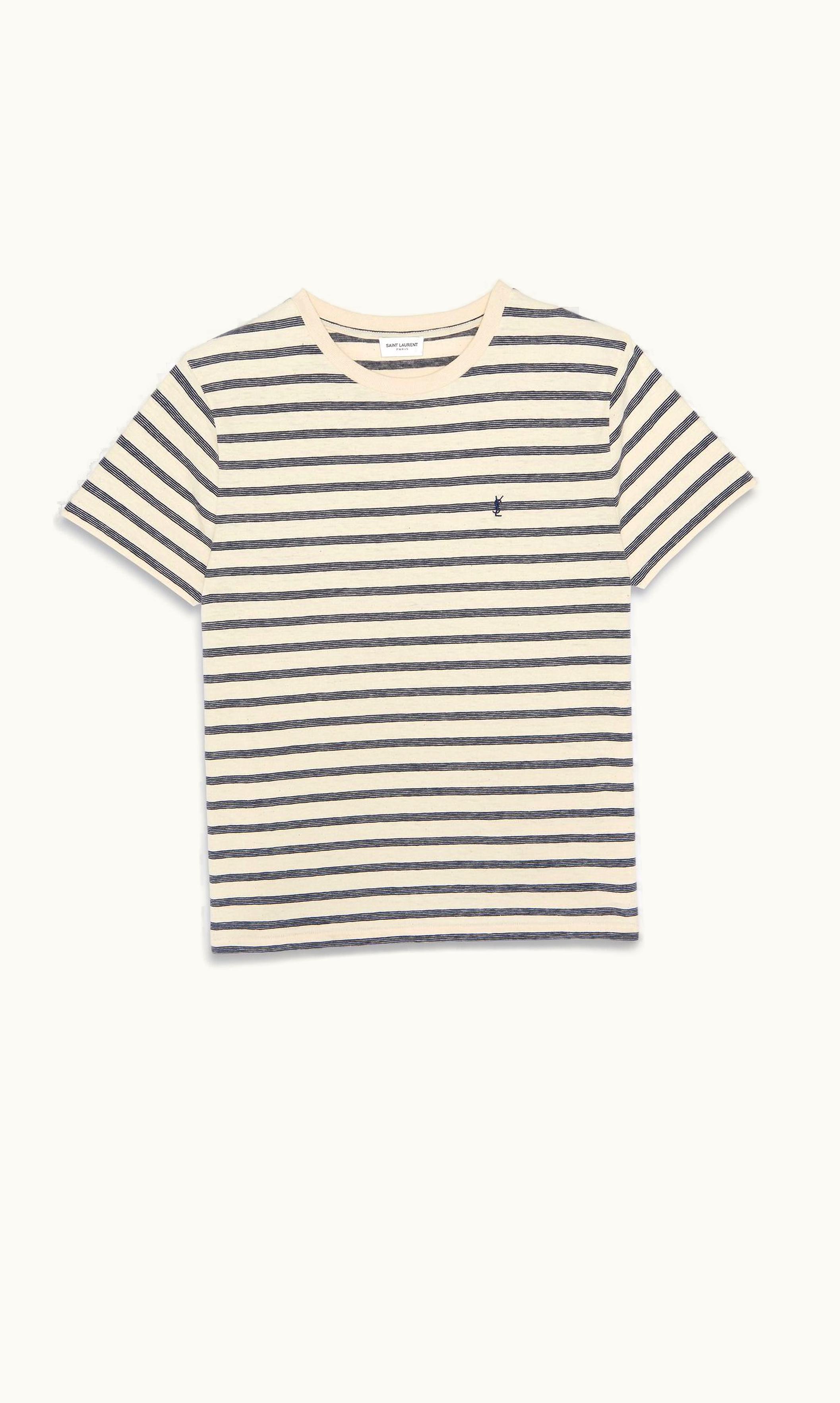 Saint Laurent Saint Laurent Striped Cassandre T-Shirt In Jersey Naturel Et Marine