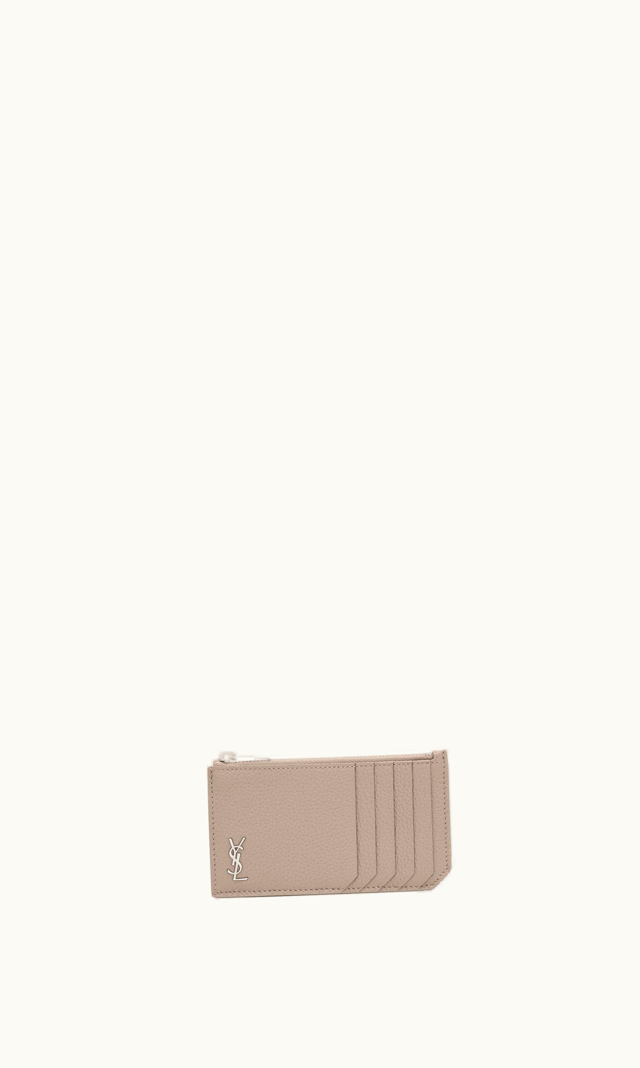Saint Laurent Saint Laurent Tiny Cassandre Fragments Zipped Card Case In Grained Leather Greyish Brown