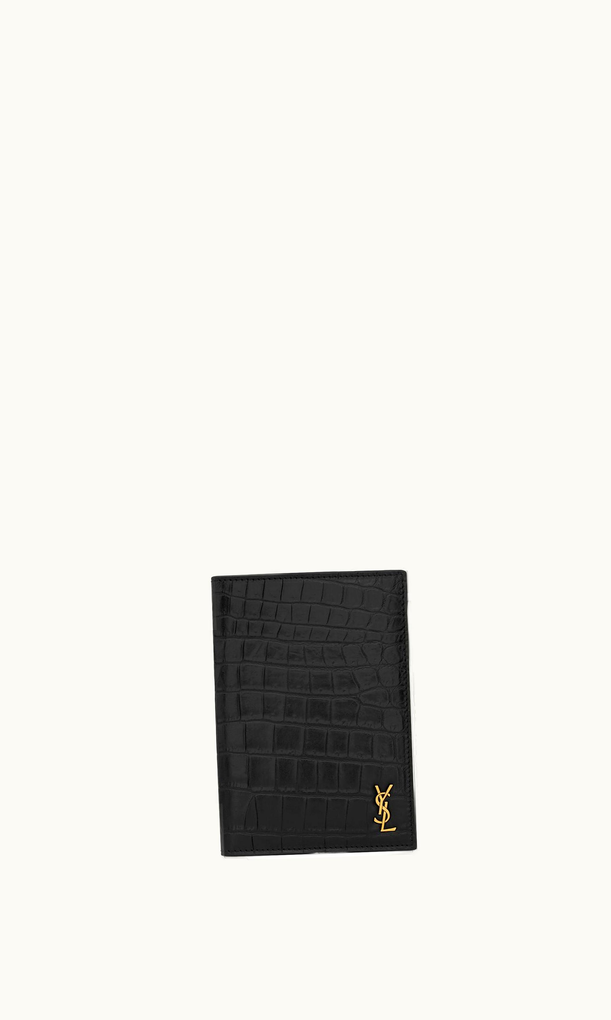 Saint Laurent Saint Laurent Tiny Cassandre Passport Case In Crocodile-Embossed Leather Black BLACK