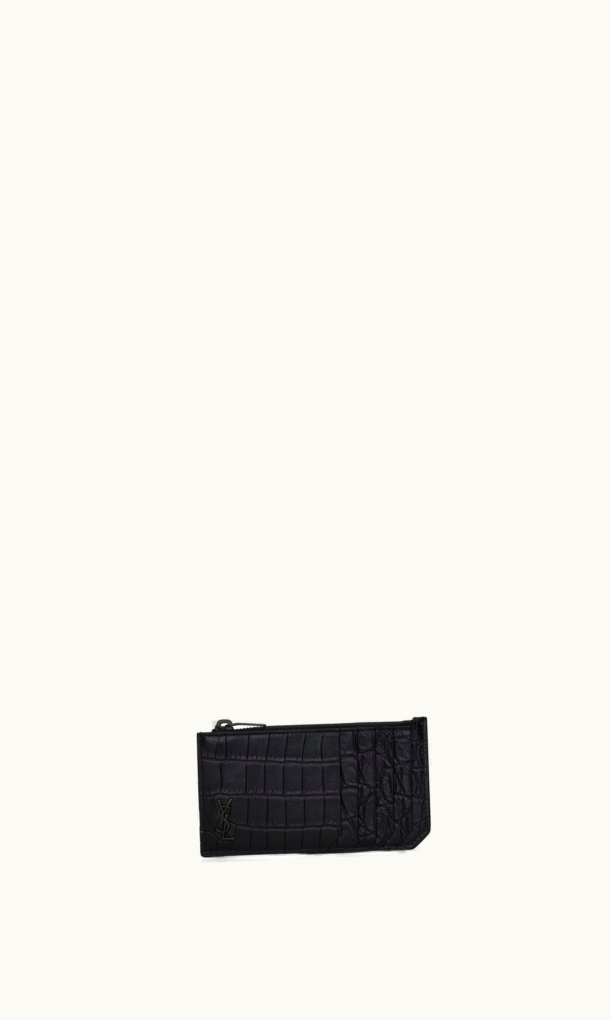 Saint Laurent Saint Laurent Tiny Cassandre Fragments Zip Card Case In Crocodile-Embossed Leather Black