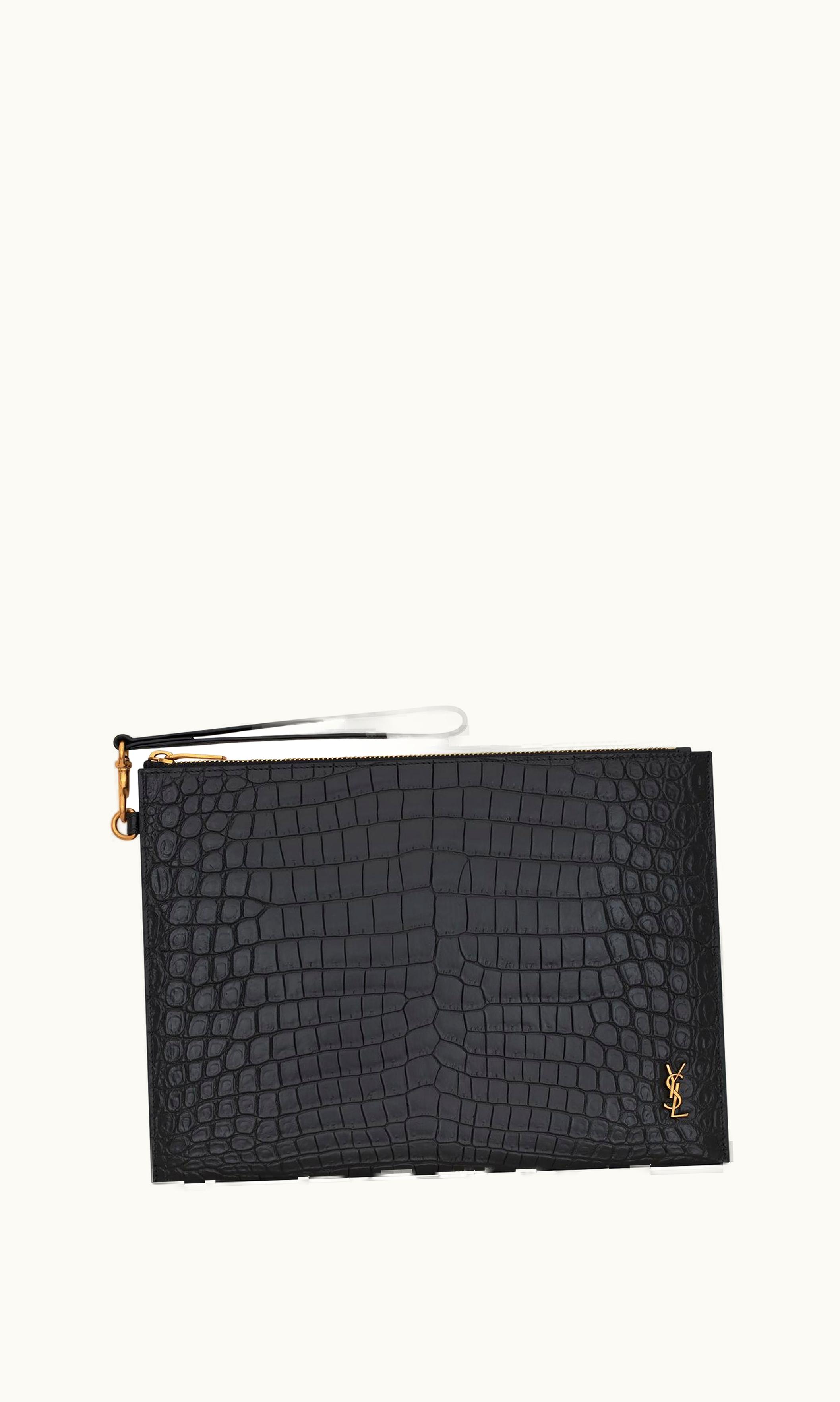 Saint Laurent Saint Laurent Tiny Cassandre Zip Tablet Holder In Crocodile-Embossed Leather Noir