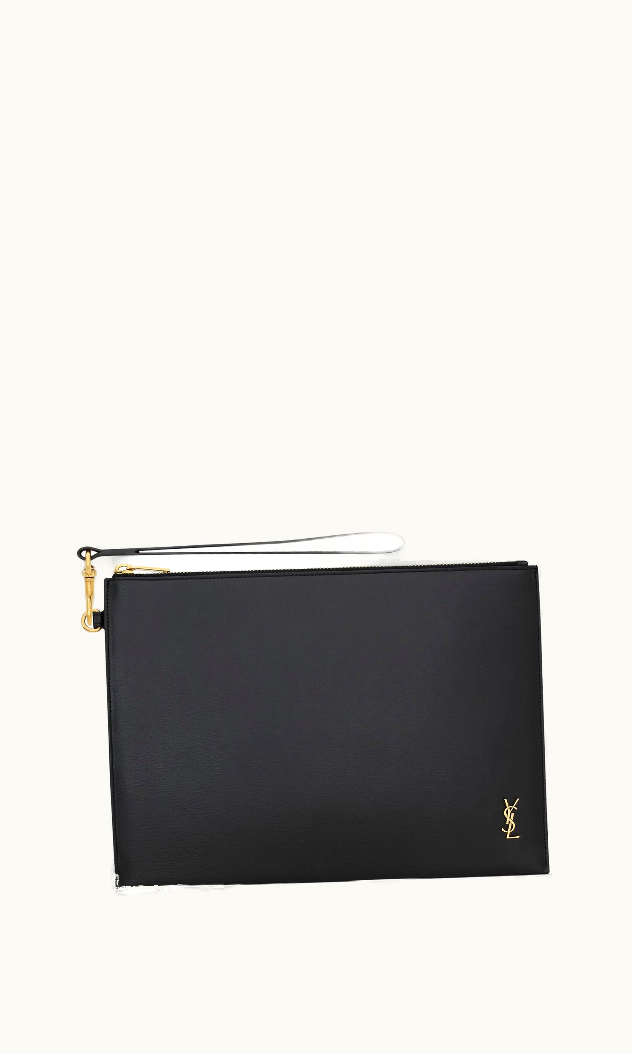 Saint Laurent Saint Laurent Tiny Cassandre Zipped Tablet Holder In Shiny Leather Black