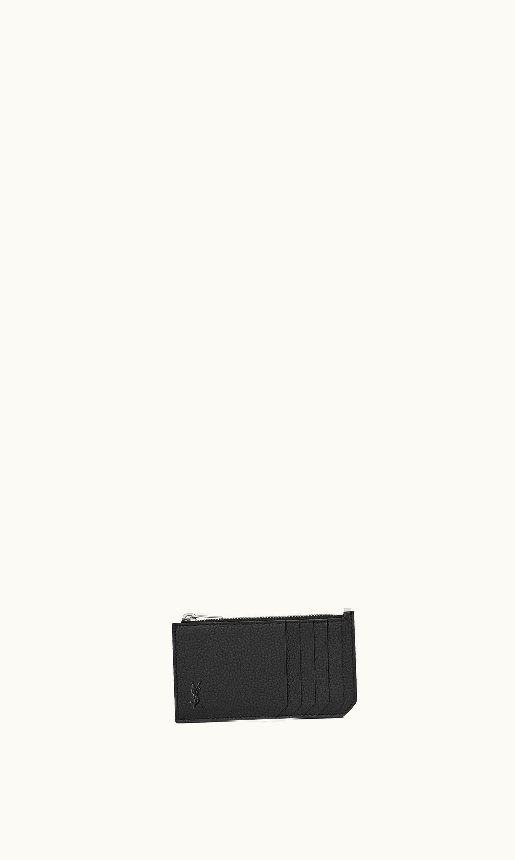 Saint Laurent Cassandre Shadow Saint Laurent Fragments Zipped Card Case In Grained Leather Black