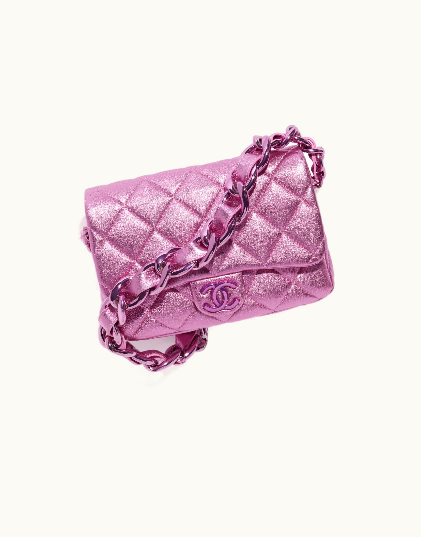 Chanel Chanel Small Flap Bag, Metallic Lambskin & Lacquered Metal, Pink