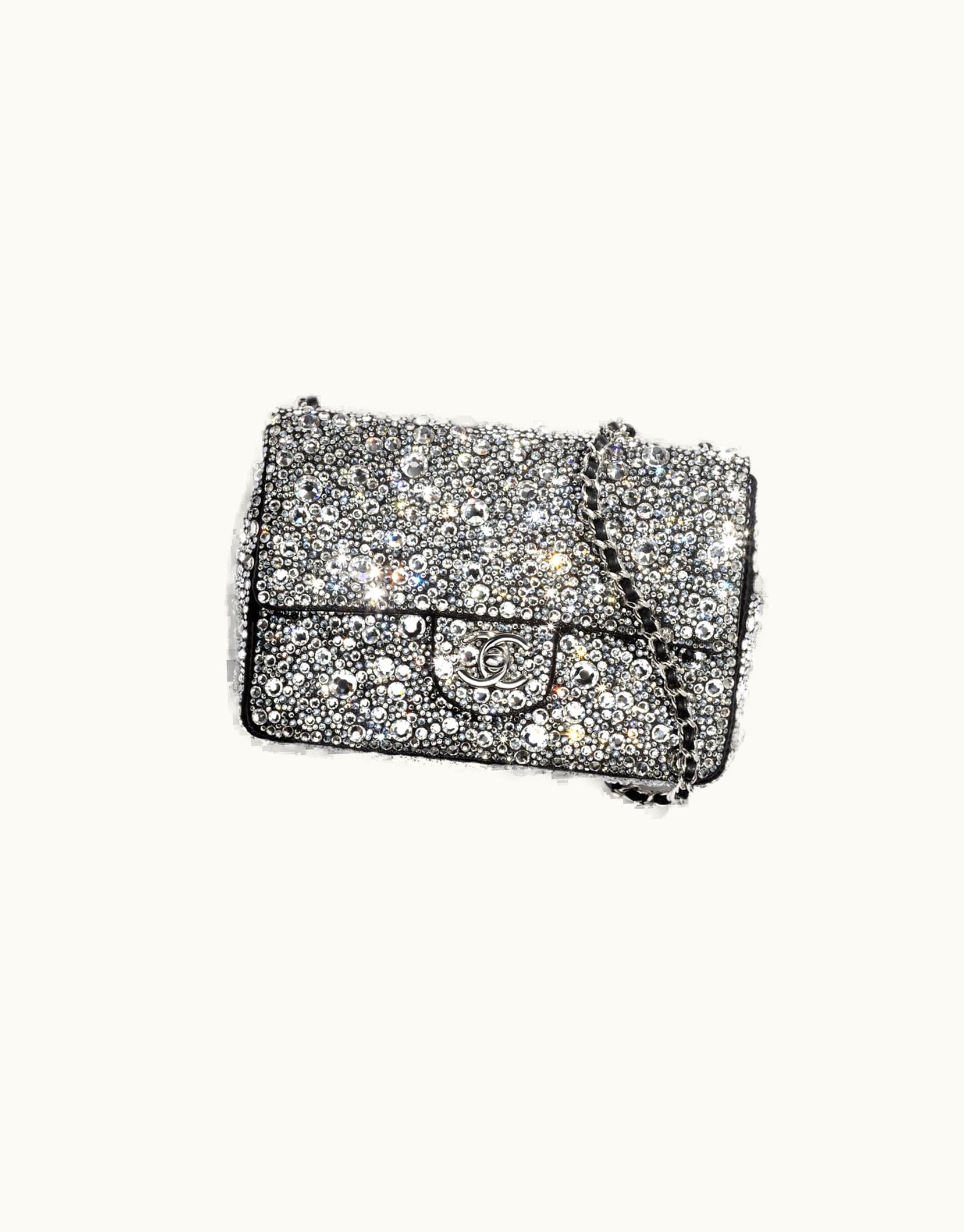 Chanel Chanel Mini Flap Bag, Satin, Strass & Silver-Tone Metal, Silver