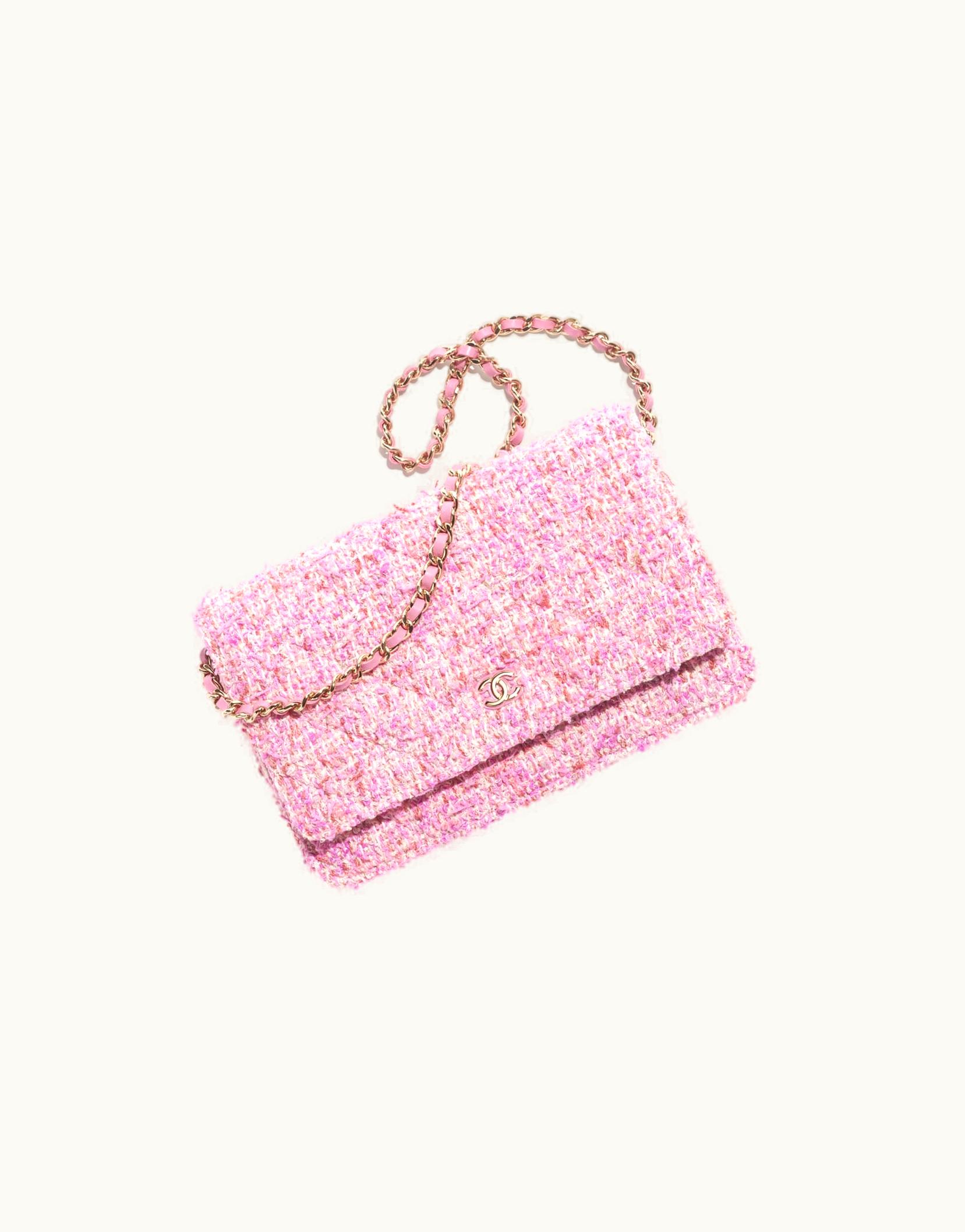 Chanel Chanel Classic Wallet On Chain - Cotton Tweed & Silver-Tone Metal, Pink & Ecru