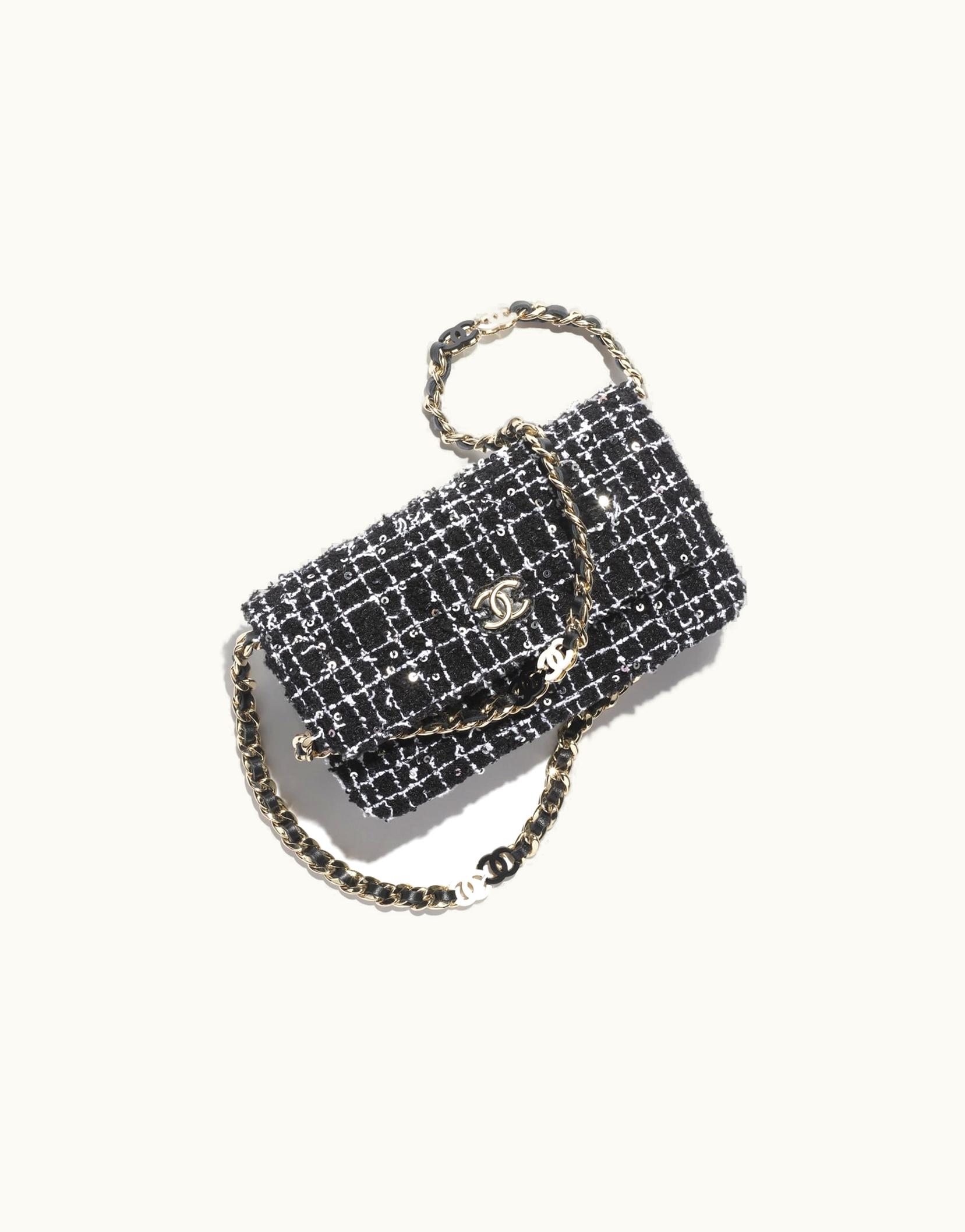 Chanel Chanel Flap Phone Holder With Chain - Sequin Embroidered Tweed & Gold-Tone Metal, Black, White & Silver