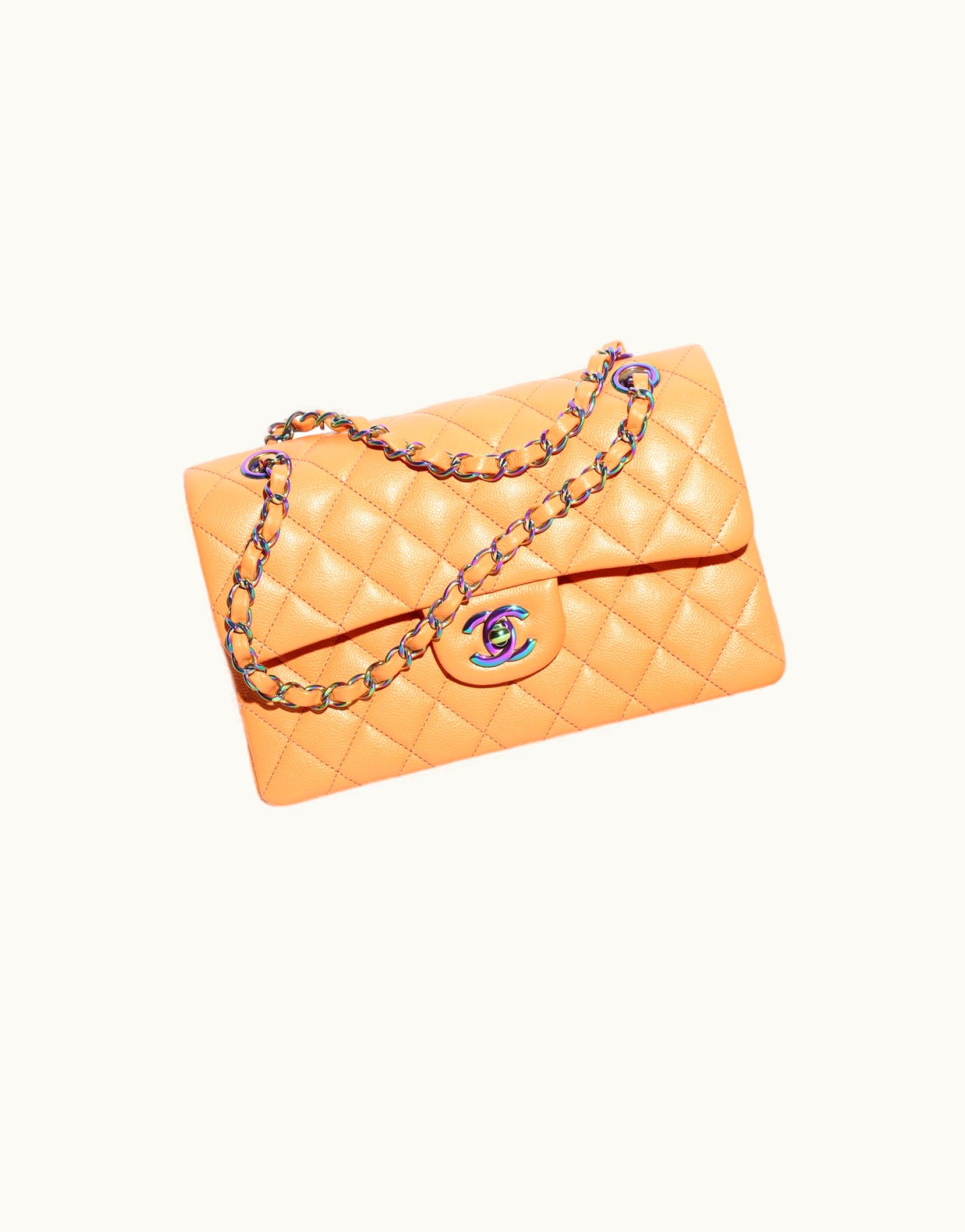 Chanel Chanel Small Classic Handbag, Shiny Grained Calfskin & Rainbow Metal, Orange