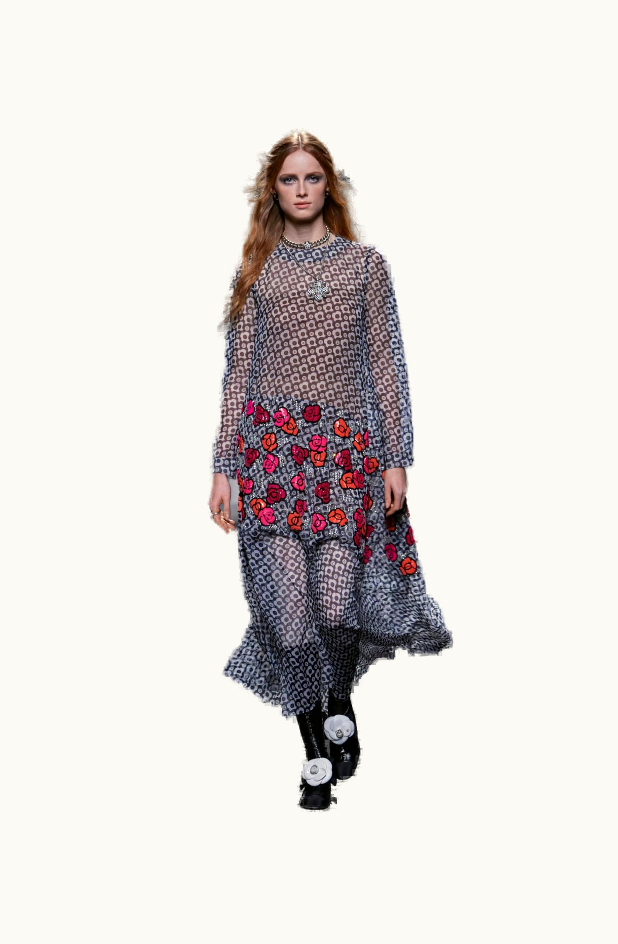 Chanel Chanel Dress - Printed Silk Muslin Embroidered With Sequins, Black, Blue, Ecru & Multicolor