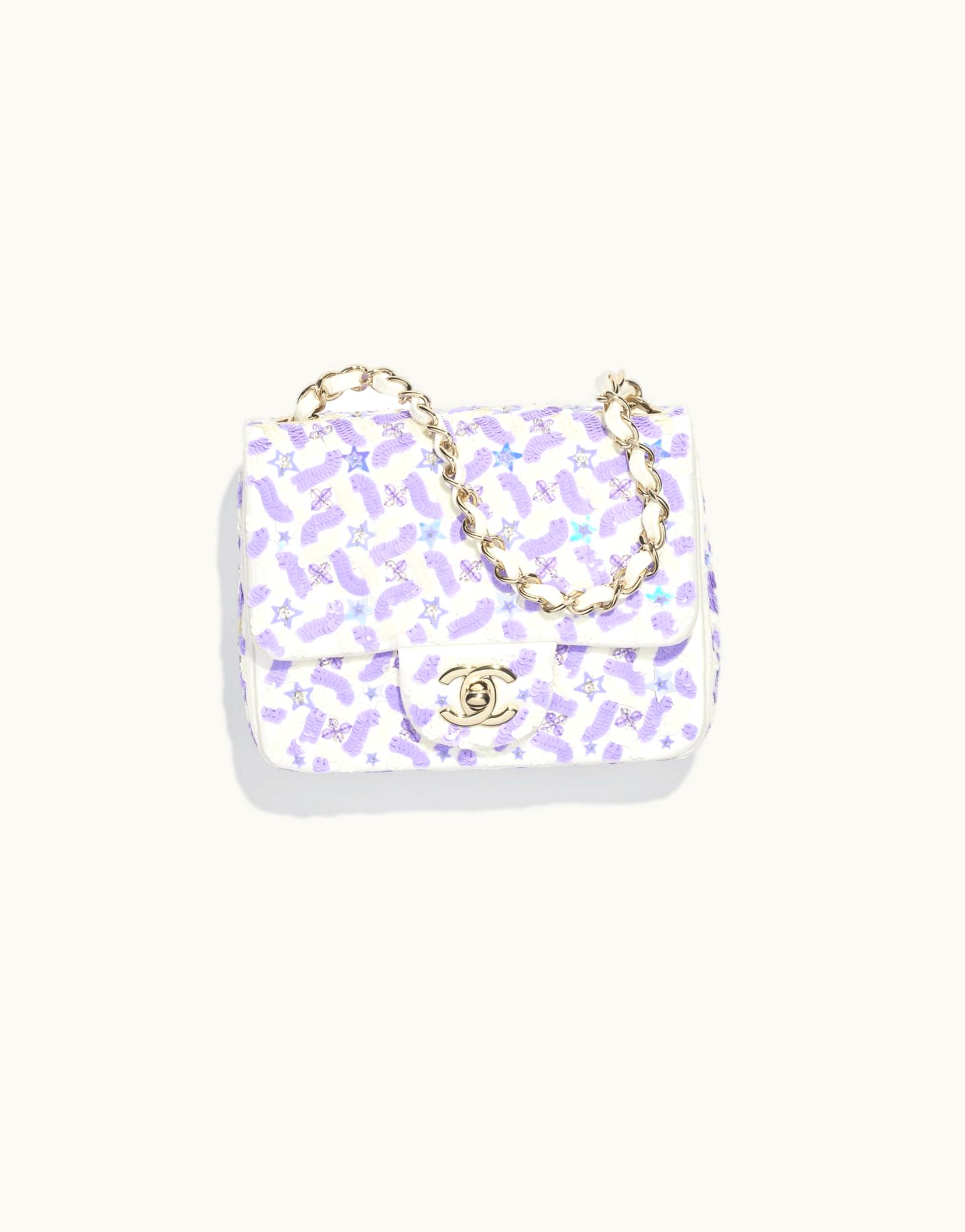 Chanel Chanel Mini Flap Bag, Embroidered Satin, Sequins, Glass Beads, Strass, Star Sequins & Gold-Tone Metal, Purple & White