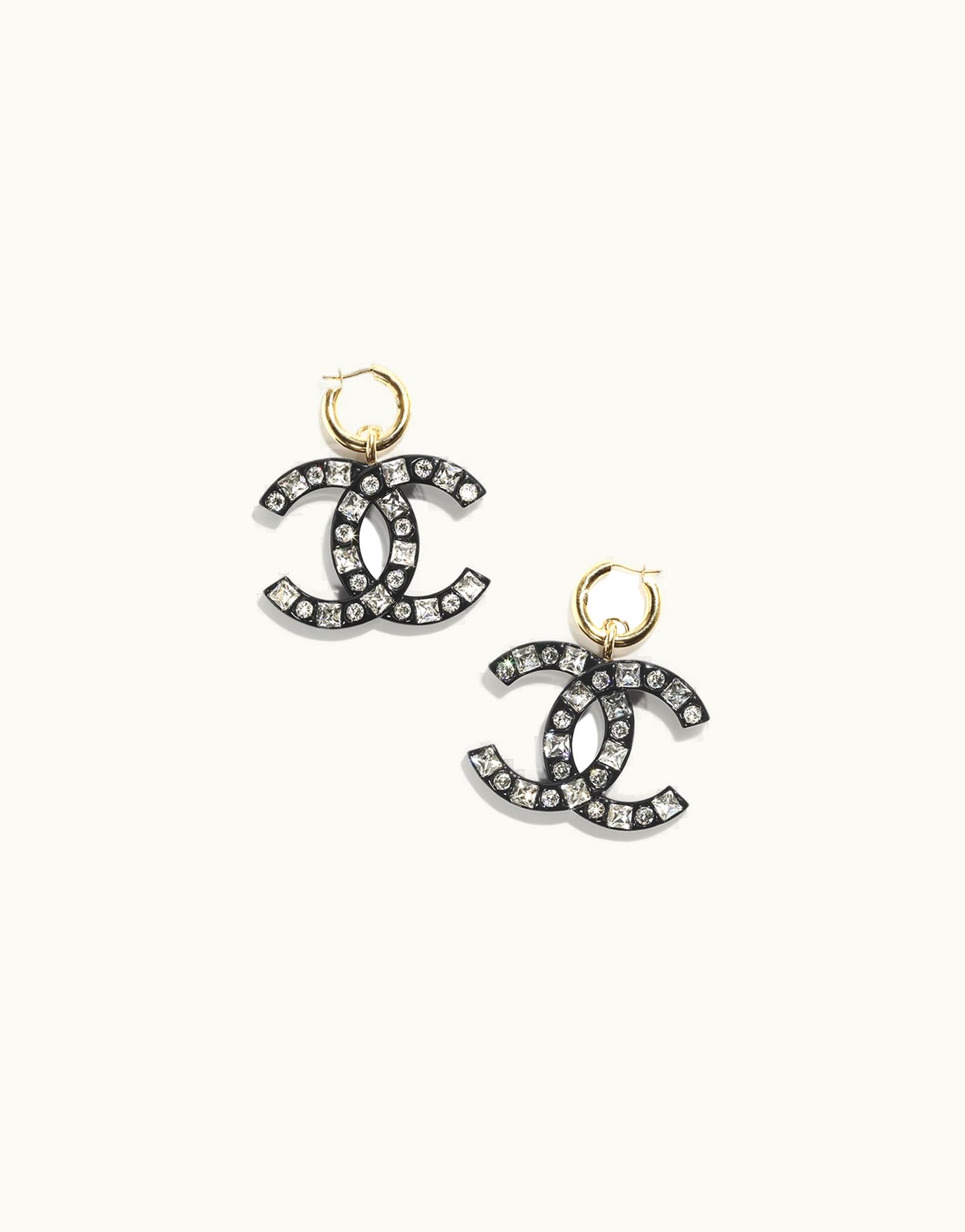 Chanel Chanel Pendant Earrings - Metal, Resin & Strass, Gold, Black & Crystal
