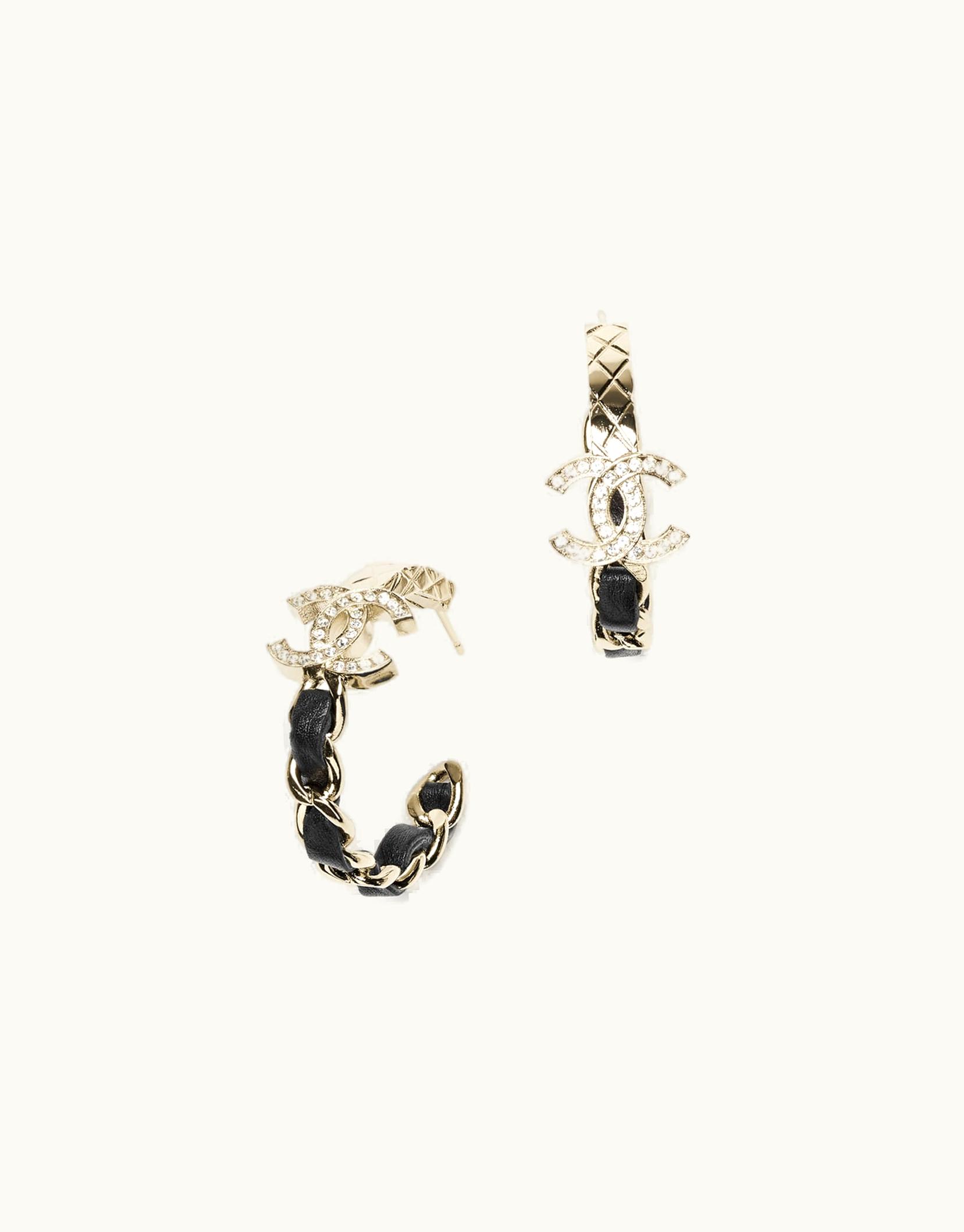 Chanel Chanel Hoop Earrings - Metal, Calfskin & Strass, Gold, Black & Crystal