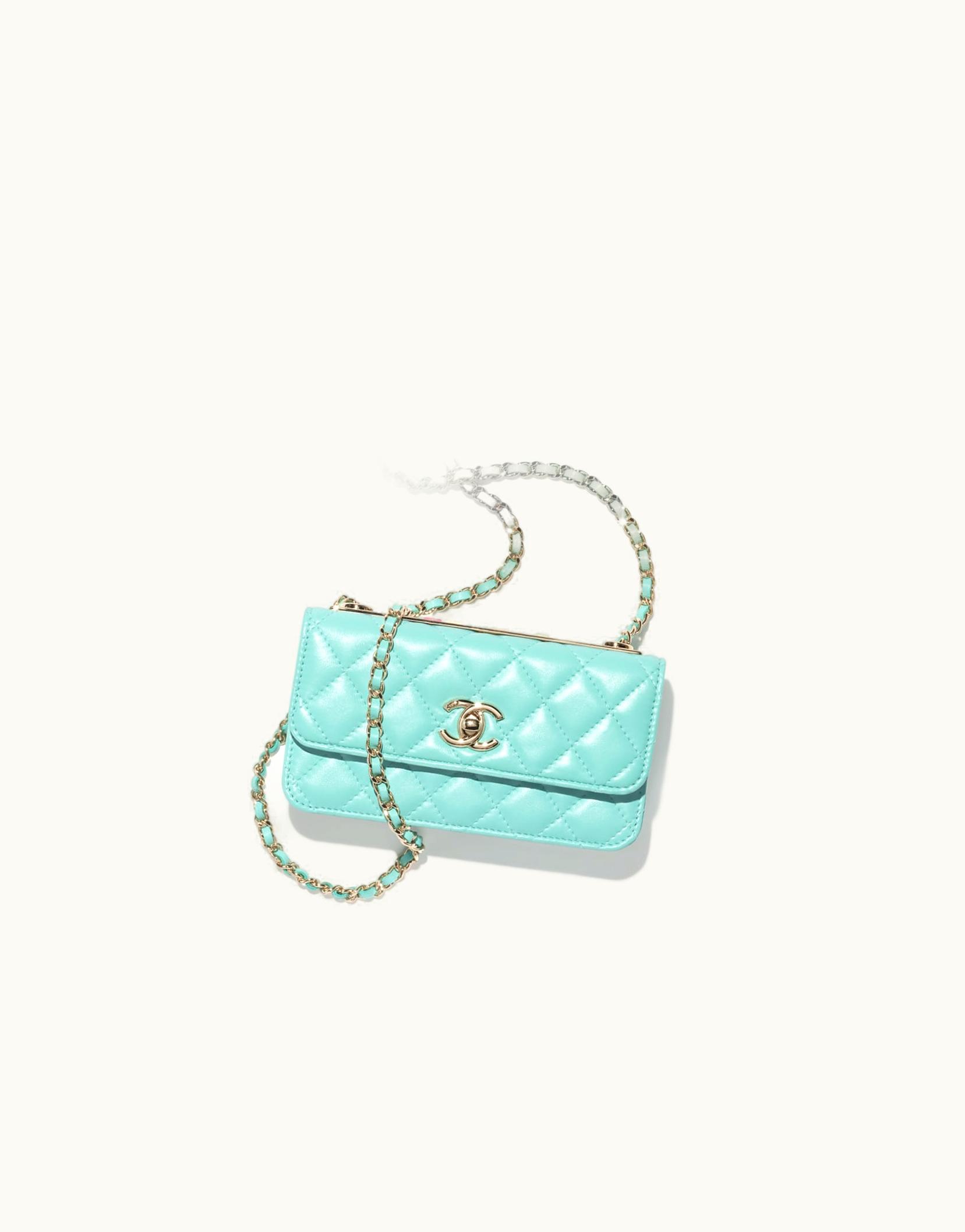 Chanel Chanel Flap Phone Holder With Chain - Lambskin, Gold-Tone & Lacquered Metal, Turquoise