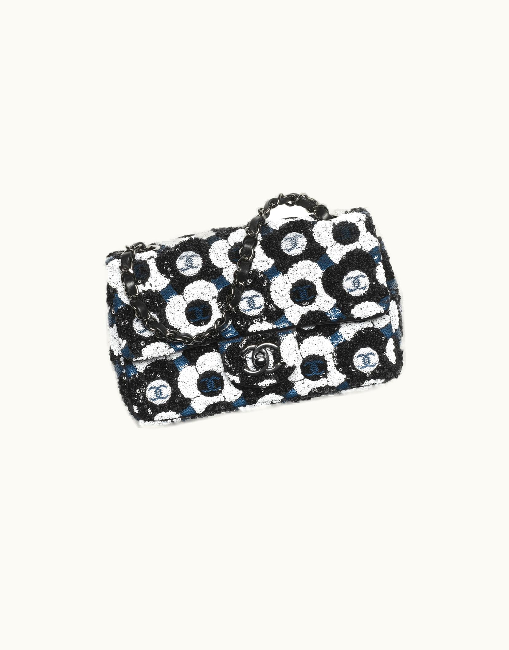 Chanel Chanel Small Flap Bag, Sequins & ruthenium-finish Metal, Black, White & Blue
