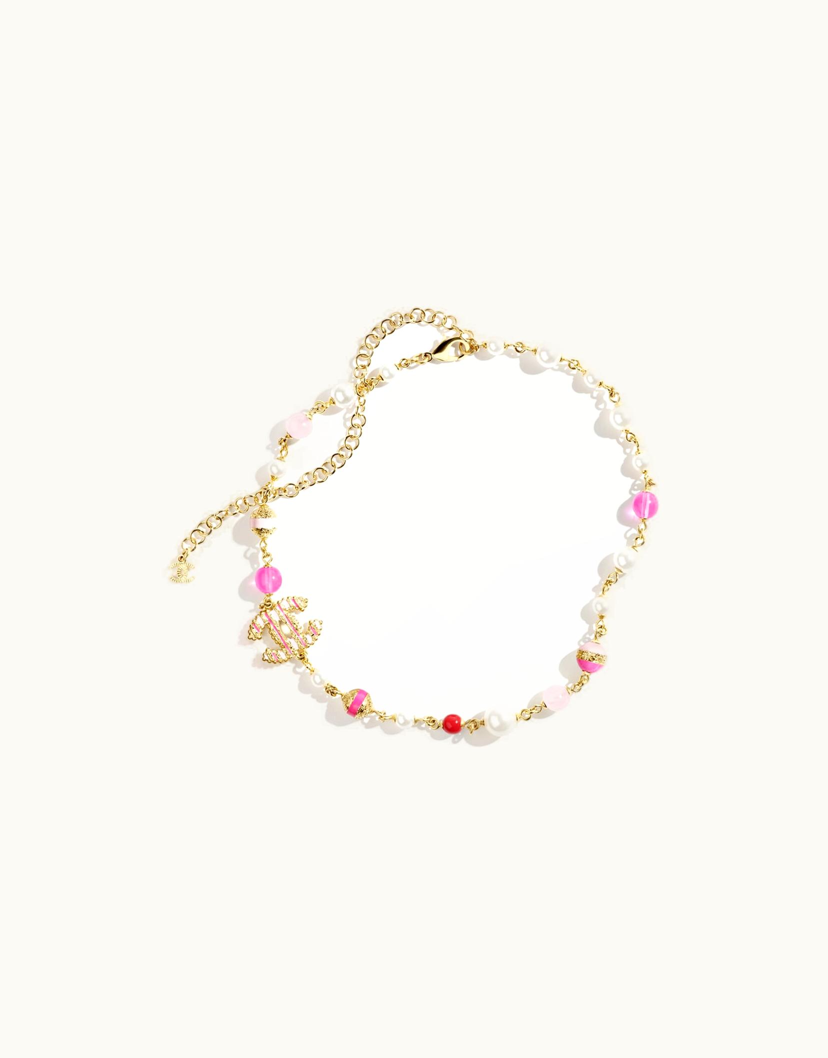 Chanel Chanel Necklace - Metal, Glass Pearls & Natural Stones, Gold, Pearly White, Red & Pink