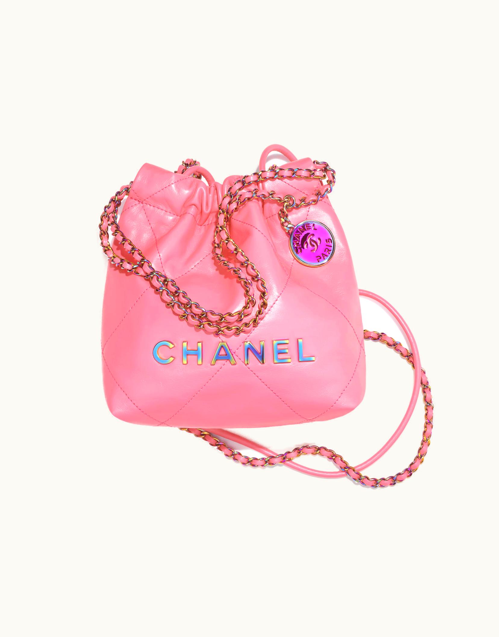 Chanel Chanel 22 Mini Handbag, Shiny Calfskin & Rainbow Metal, Coral Pink