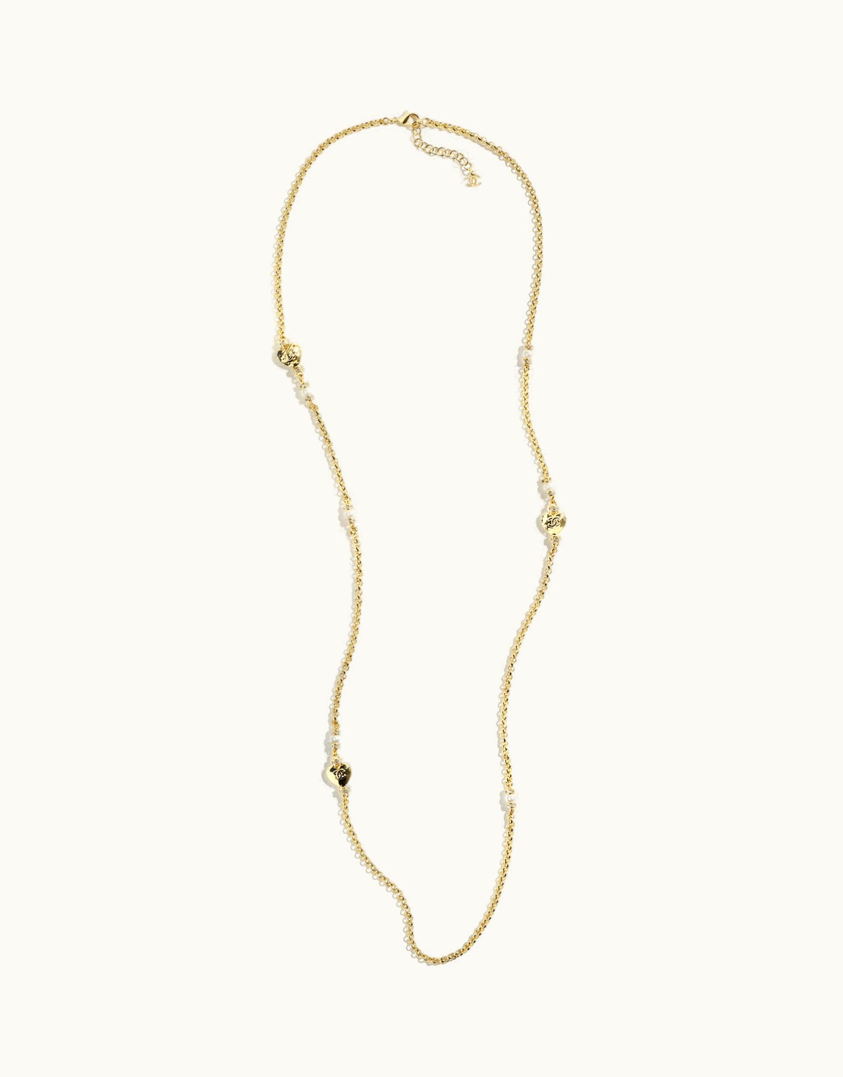 Chanel Chanel Long Necklace - Metal, Glass Pearls & Strass, Gold, Pearly White & Crystal