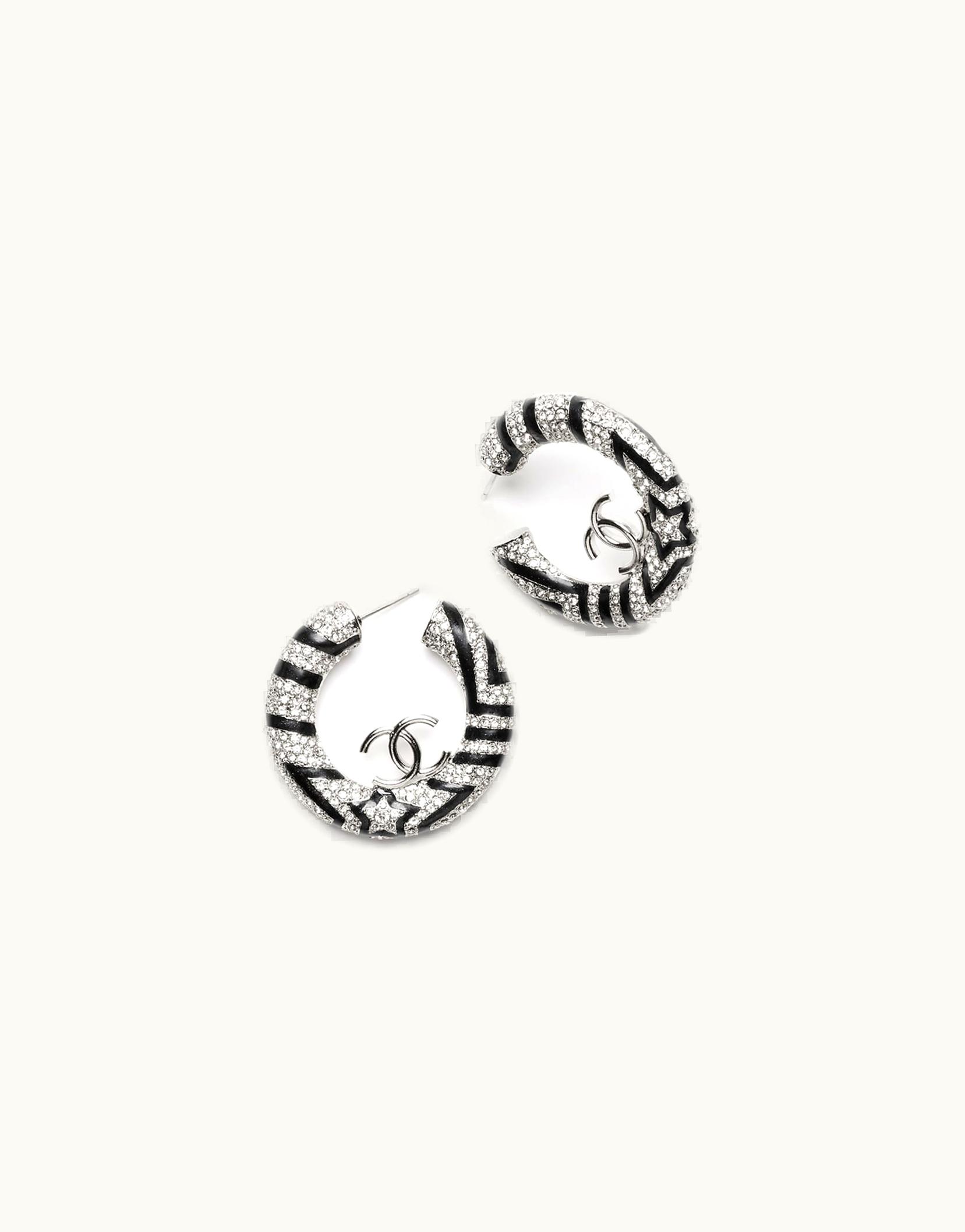 Chanel Chanel Hoop Earrings - Metal & Strass, Silver, Black & Crystal