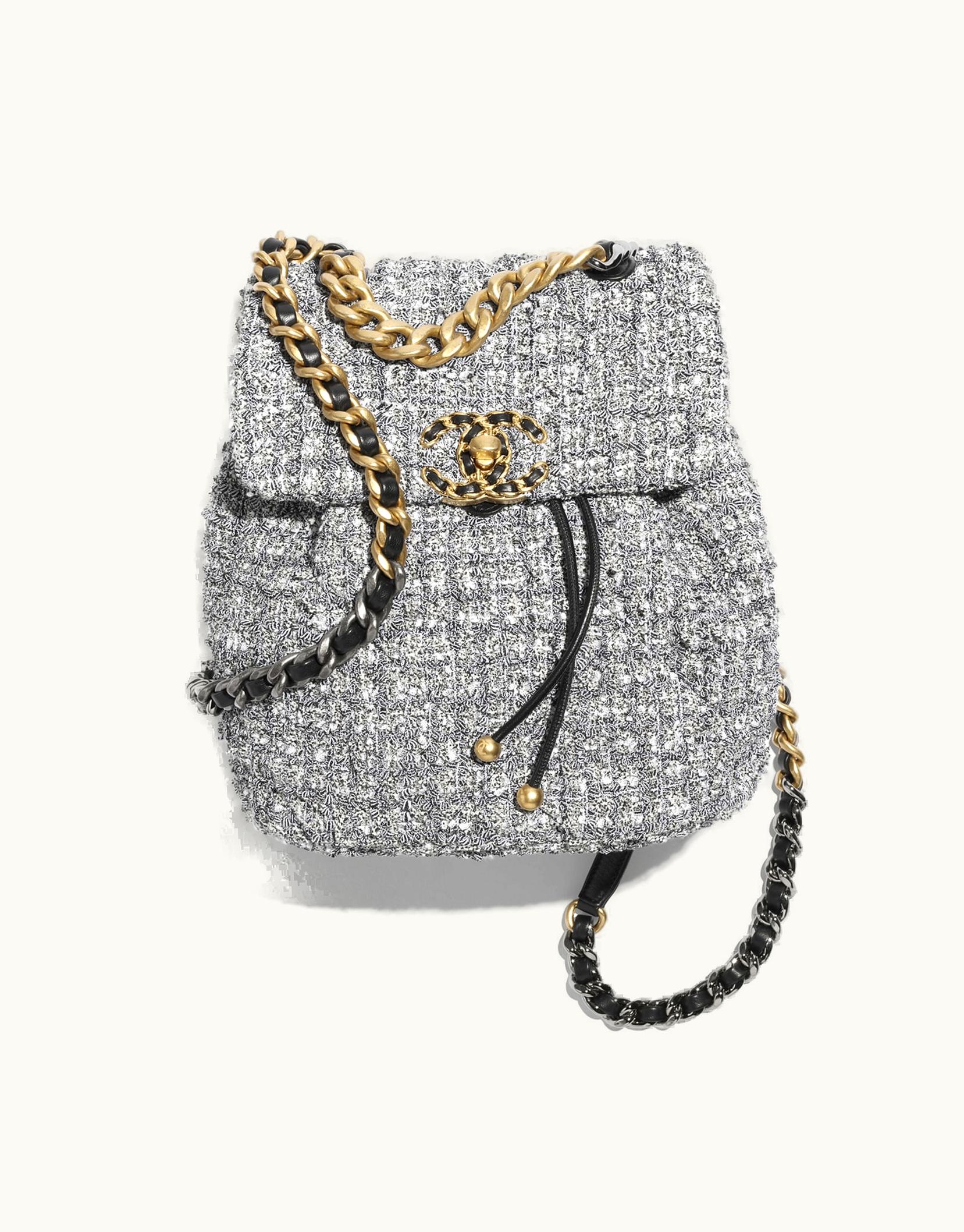 Chanel Chanel 19 Backpack, Tweed, Gold-Tone, Silver-Tone & ruthenium-finish Metal, White & Black