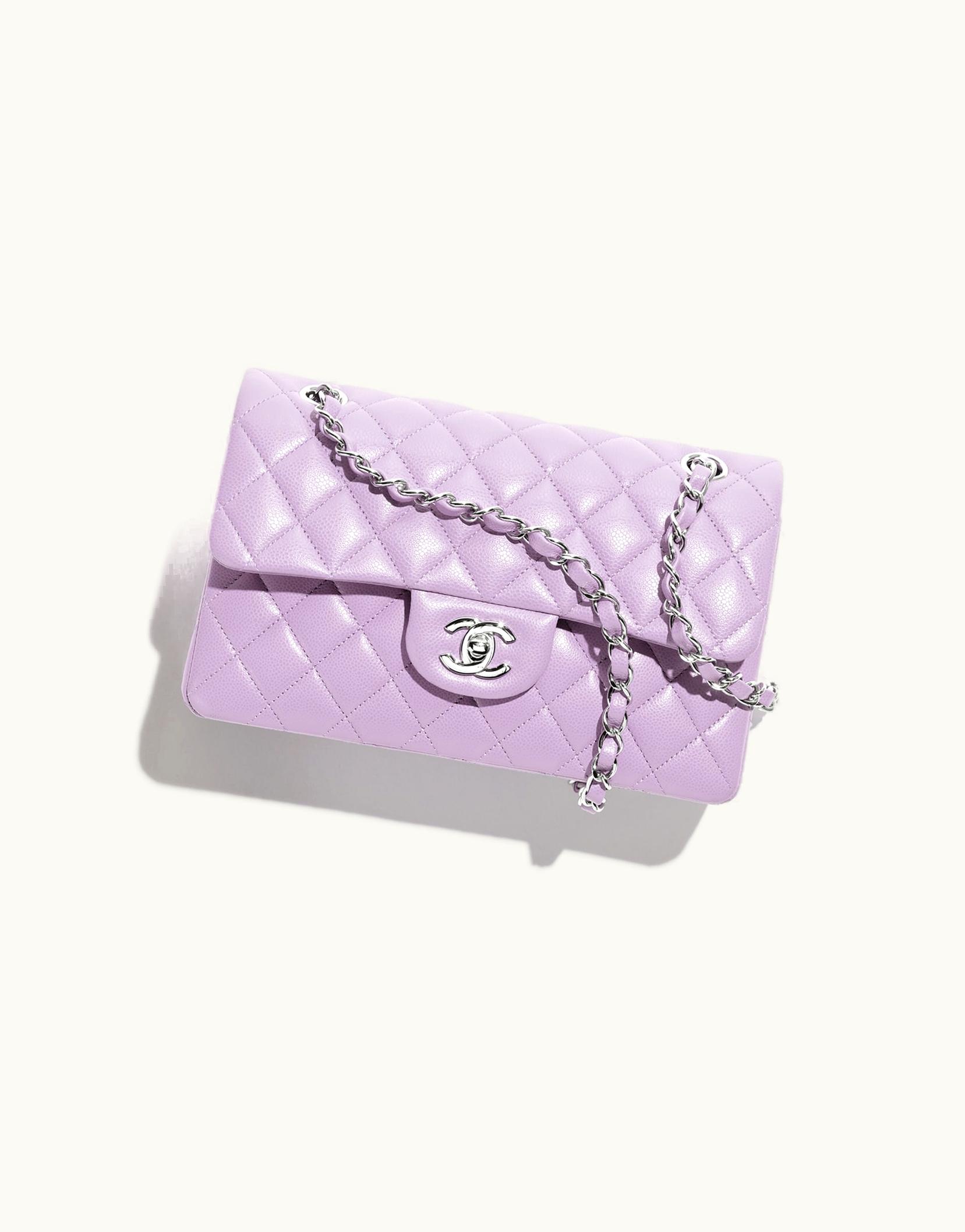 Chanel Chanel Small Classic Handbag, Shiny Grained Calfskin & Silver-Tone Metal, Lilac