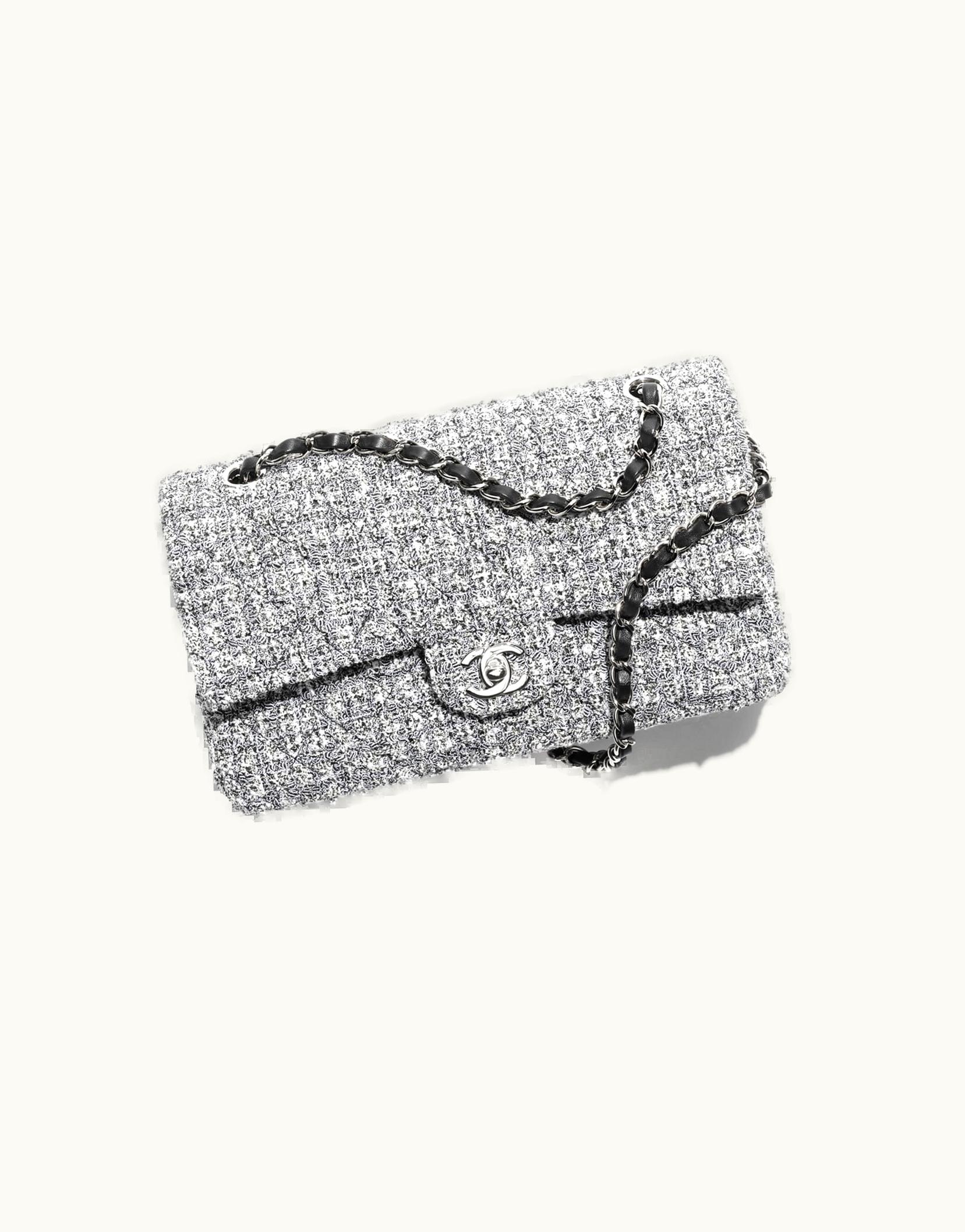 Chanel Chanel Classic Handbag, Tweed & Silver-Tone Metal, White & Black