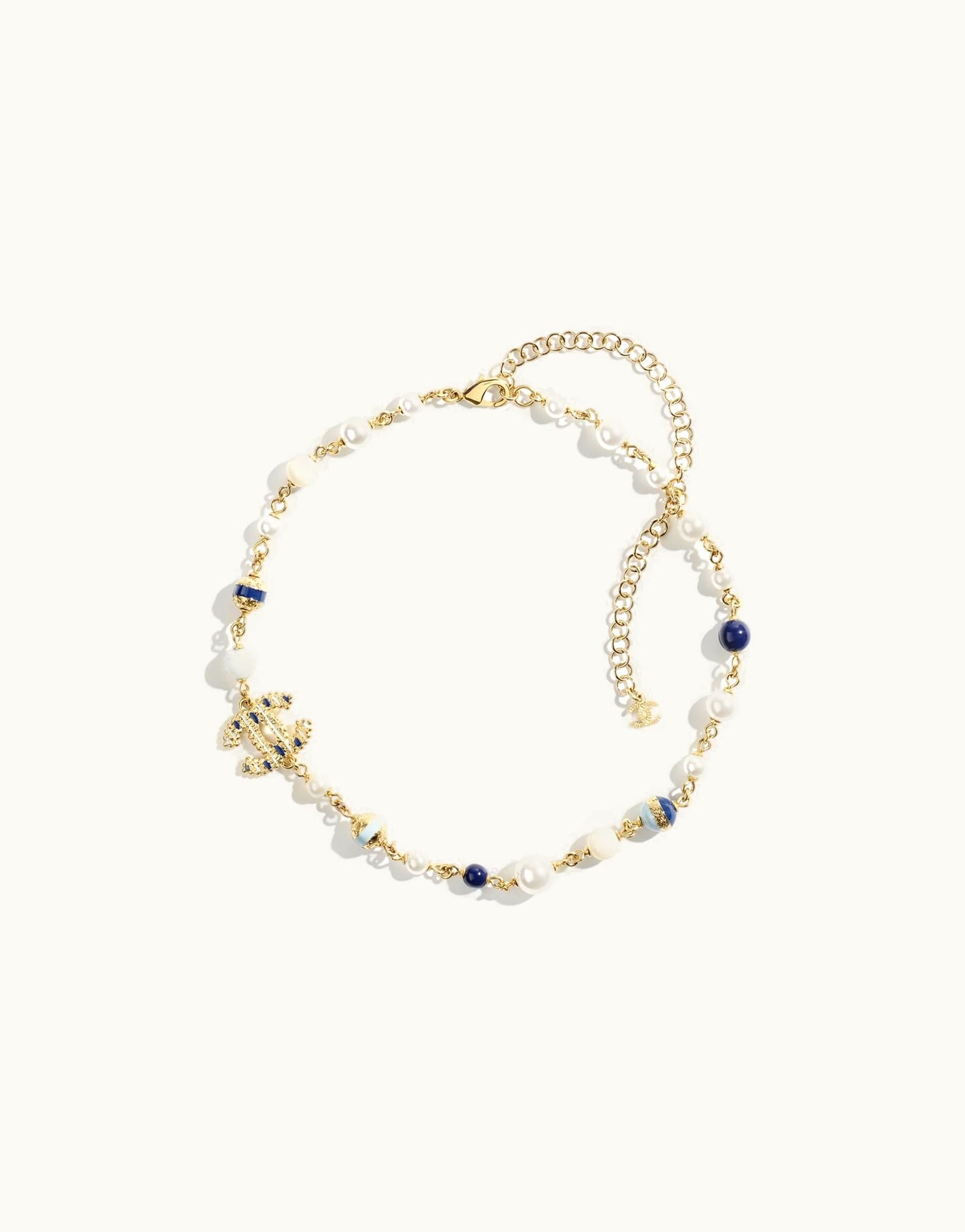 Chanel Chanel Necklace - Metal & Glass Pearls, Gold, Pearly White & Blue