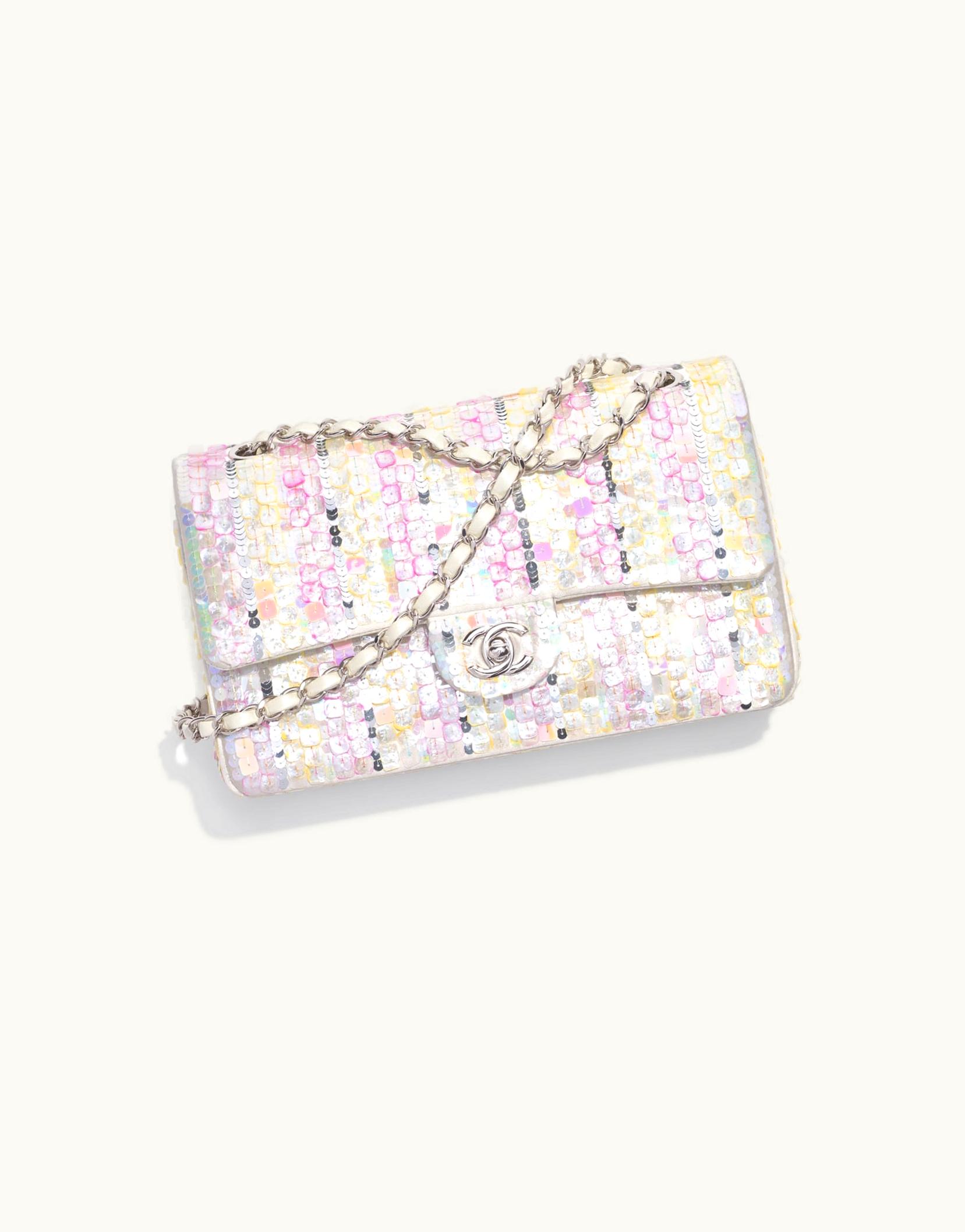 Chanel Chanel Classic Handbag, Embroidered Satin, Sequins & Silver-Tone Metal, Silver, Light Pink & Light Yellow